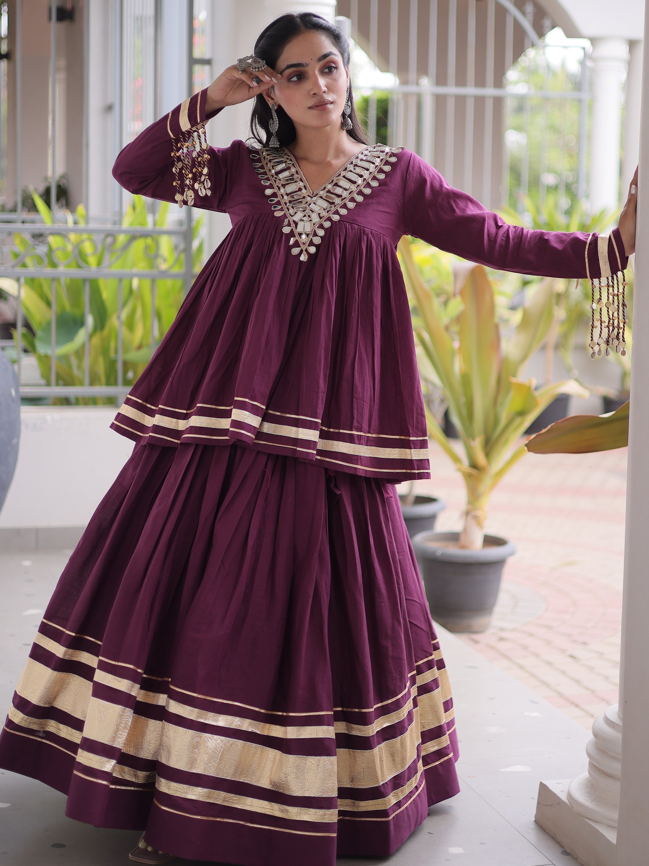 Classy Wine Mirror Laced Navratri Special Lehenga With Peplum Top