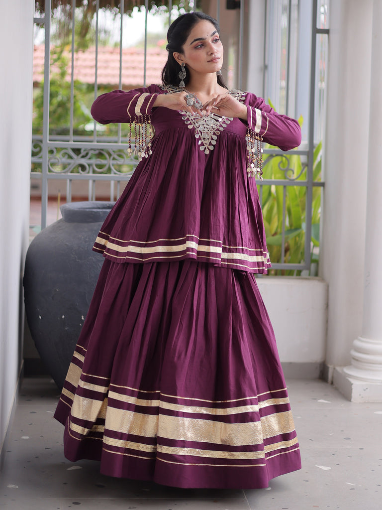 Classy Wine Mirror Laced Navratri Special Lehenga With Peplum Top