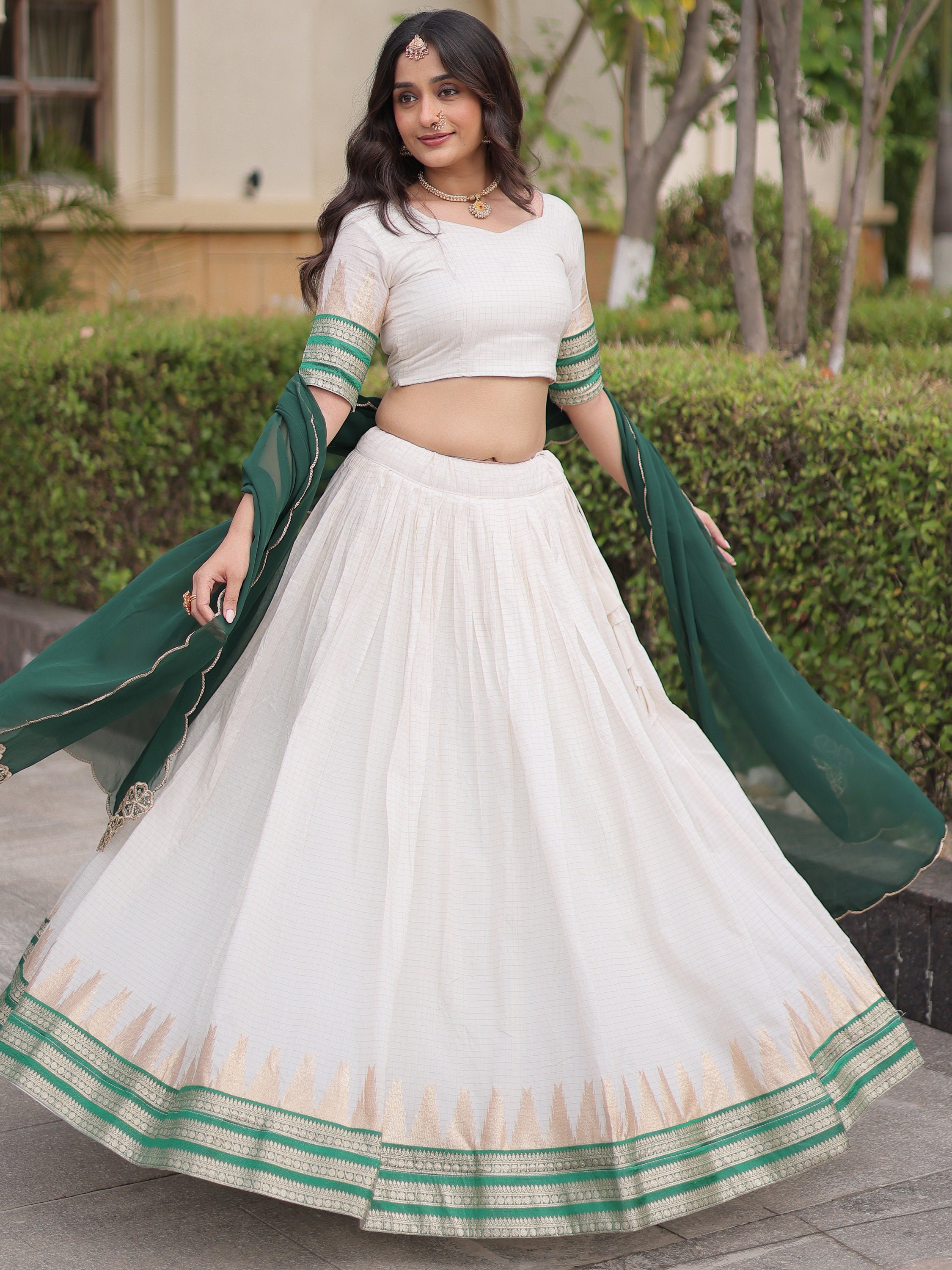 Exceptional Green Zari Weaving Cotton Traditional Half Saree Lehenga