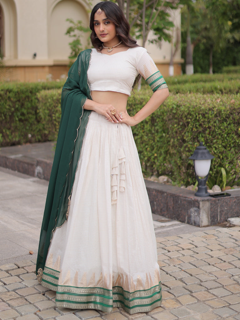 Exceptional Green Zari Weaving Cotton Traditional Half Saree Lehenga
