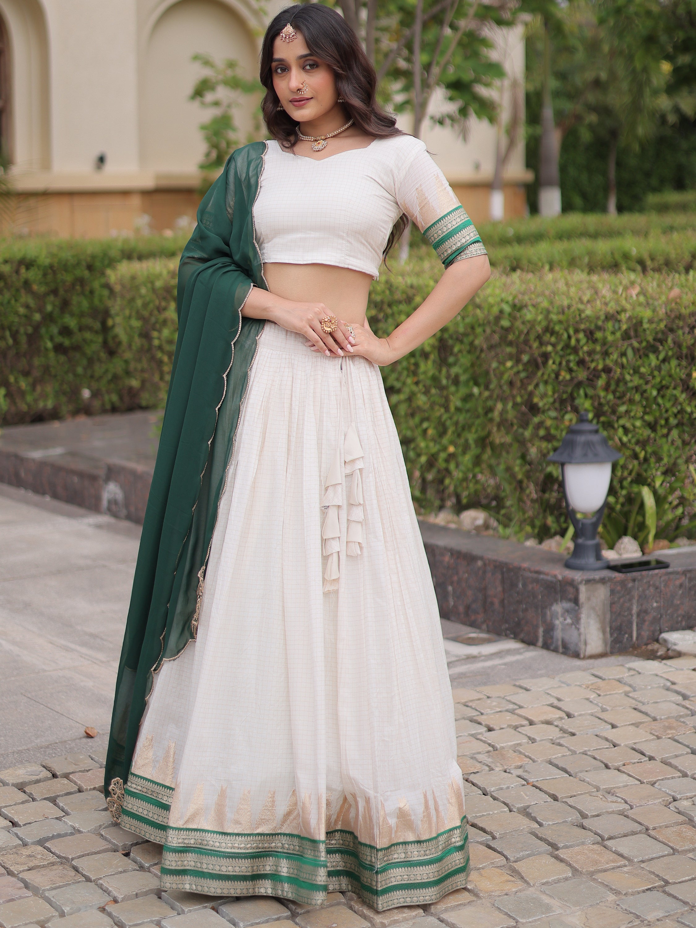 Exceptional Green Zari Weaving Cotton Traditional Half Saree Lehenga