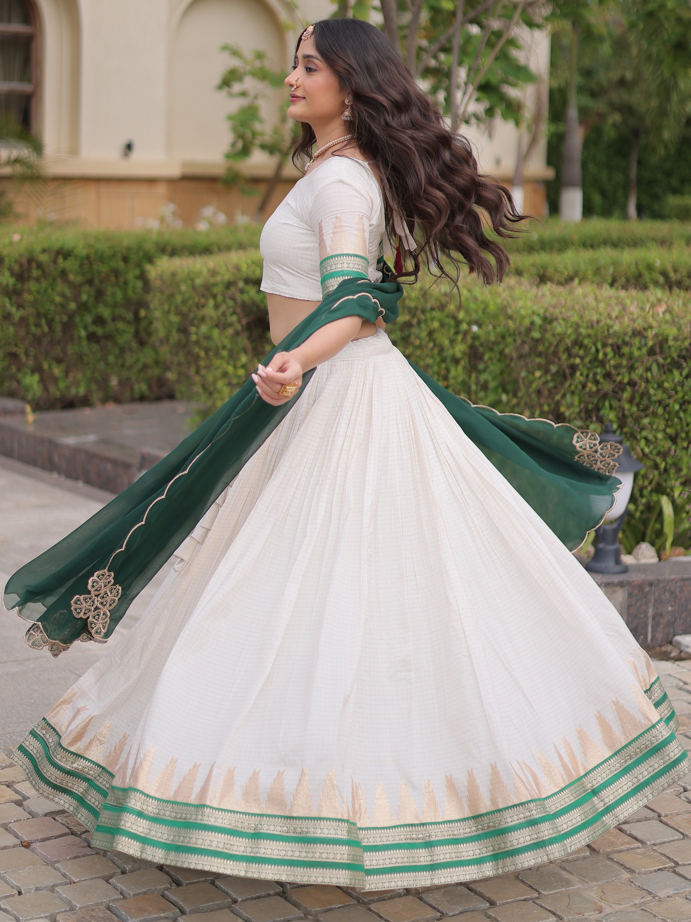 Exceptional Green Zari Weaving Cotton Traditional Half Saree Lehenga