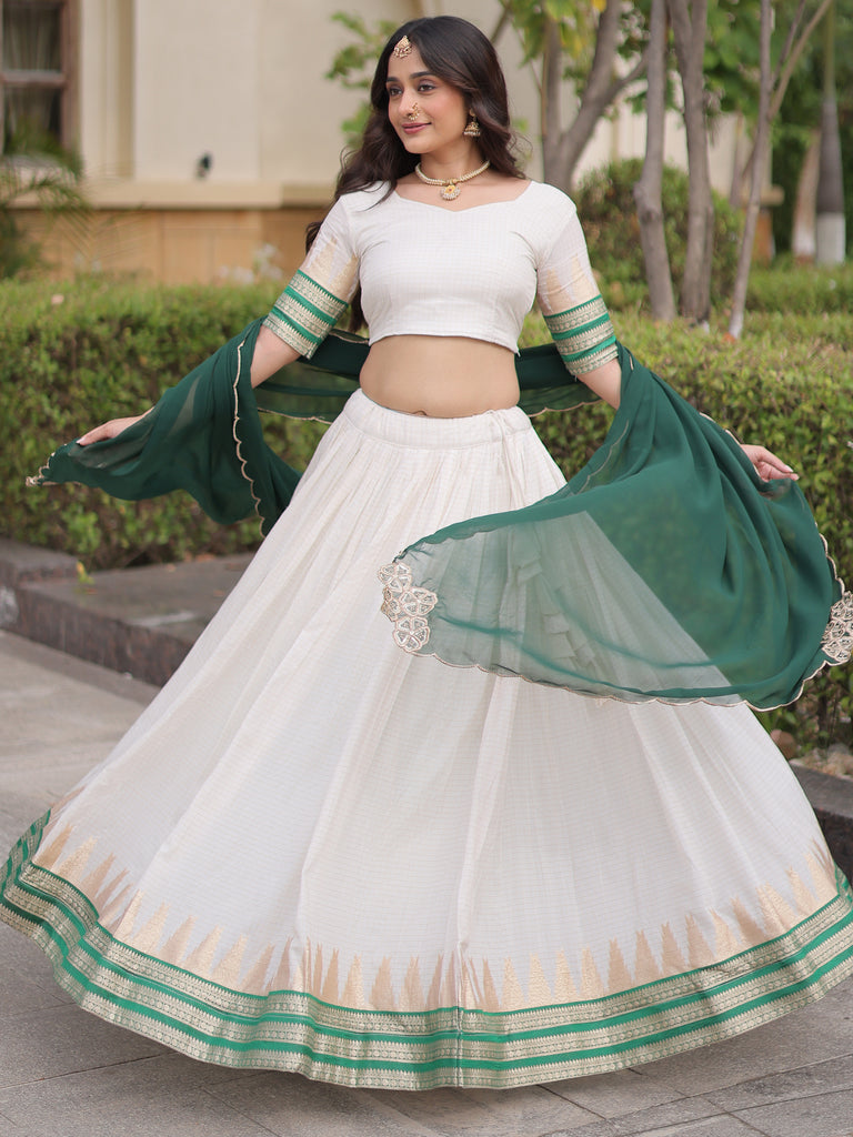 Exceptional Green Zari Weaving Cotton Traditional Half Saree Lehenga