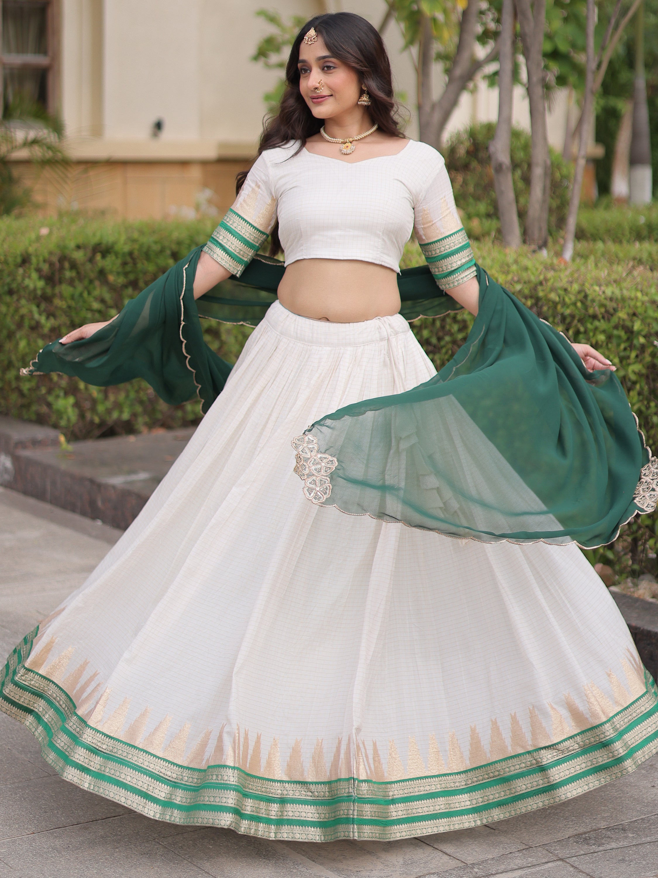 Exceptional Green Zari Weaving Cotton Traditional Half Saree Lehenga