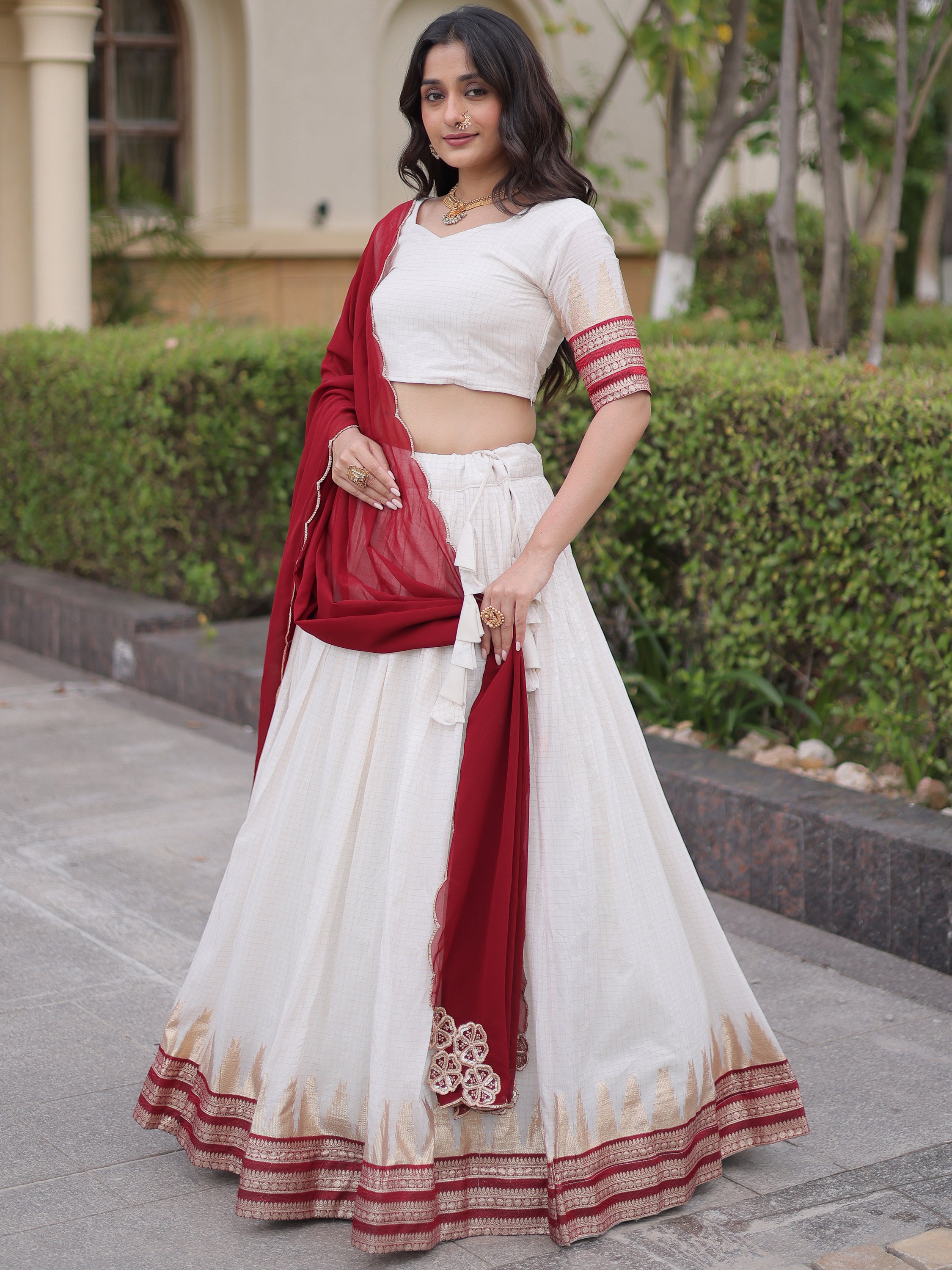 Captivating Maroon Zari Weaving Cotton Wedding Wear Half Saree Lehenga