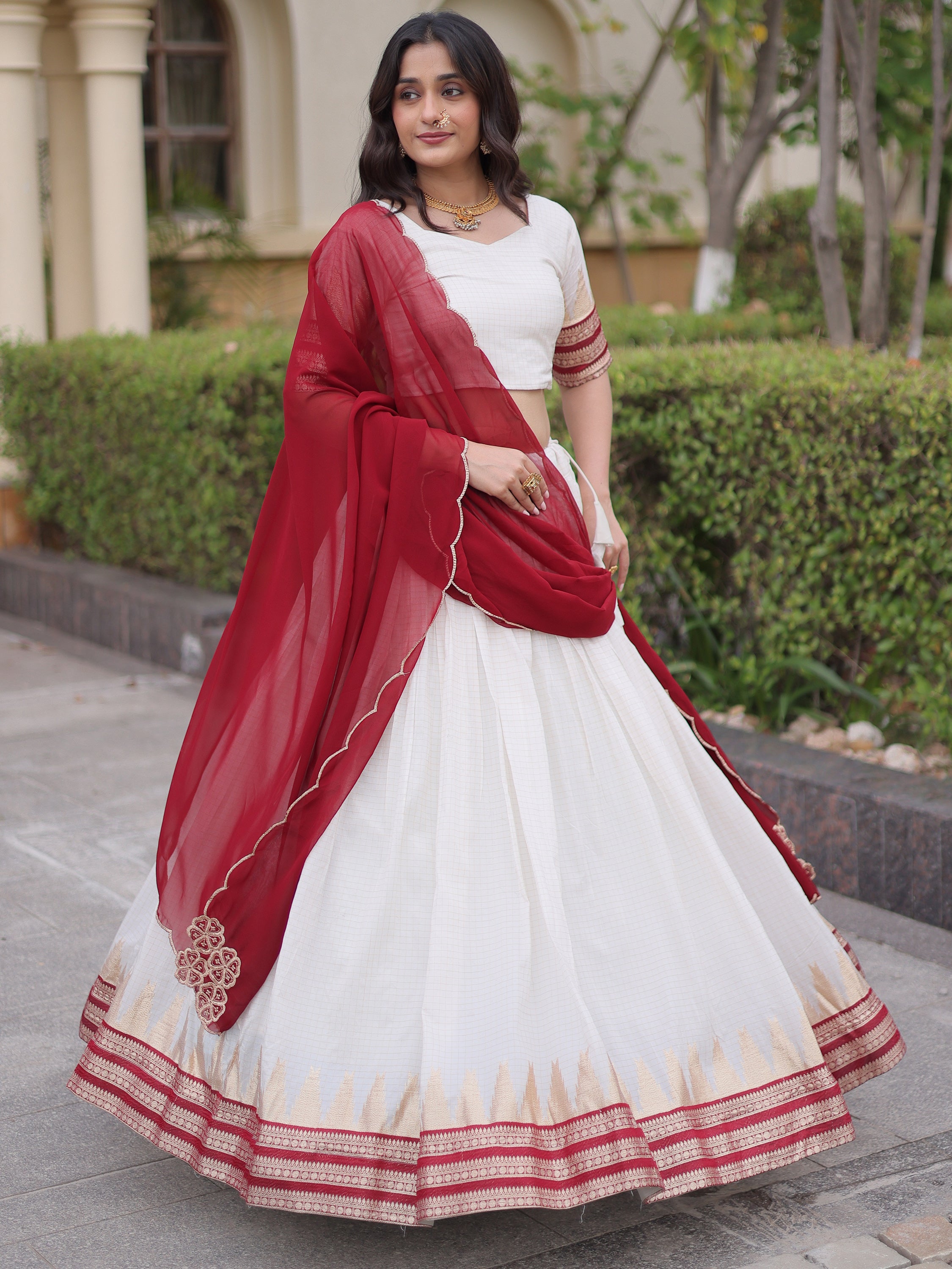 Captivating Maroon Zari Weaving Cotton Wedding Wear Half Saree Lehenga