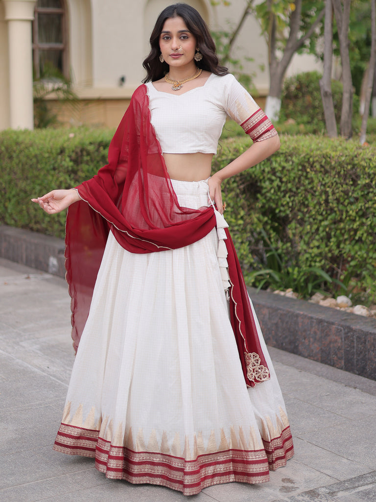 Captivating Maroon Zari Weaving Cotton Wedding Wear Half Saree Lehenga