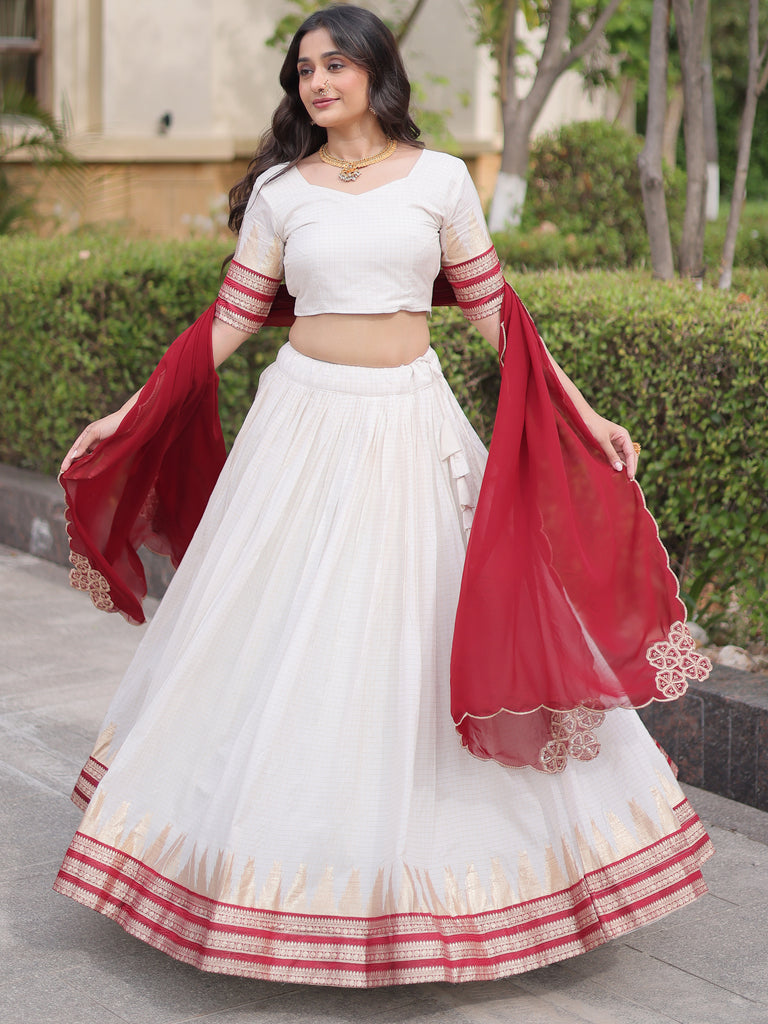 Captivating Maroon Zari Weaving Cotton Wedding Wear Half Saree Lehenga
