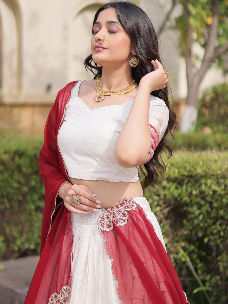 Captivating Maroon Zari Weaving Cotton Wedding Wear Half Saree Lehenga