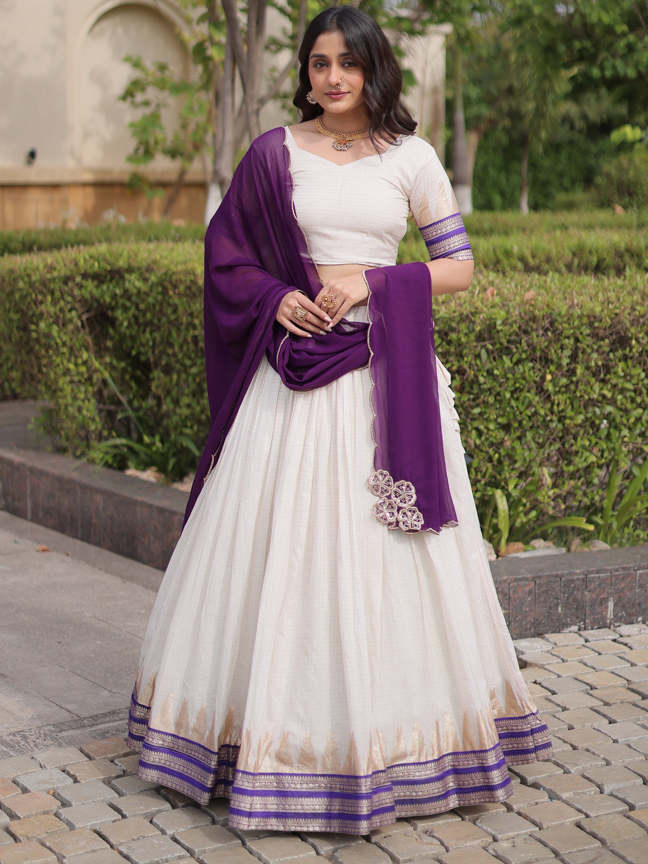 Stylish Purple Zari Weaving Cotton Function Wear Half Saree Lehenga