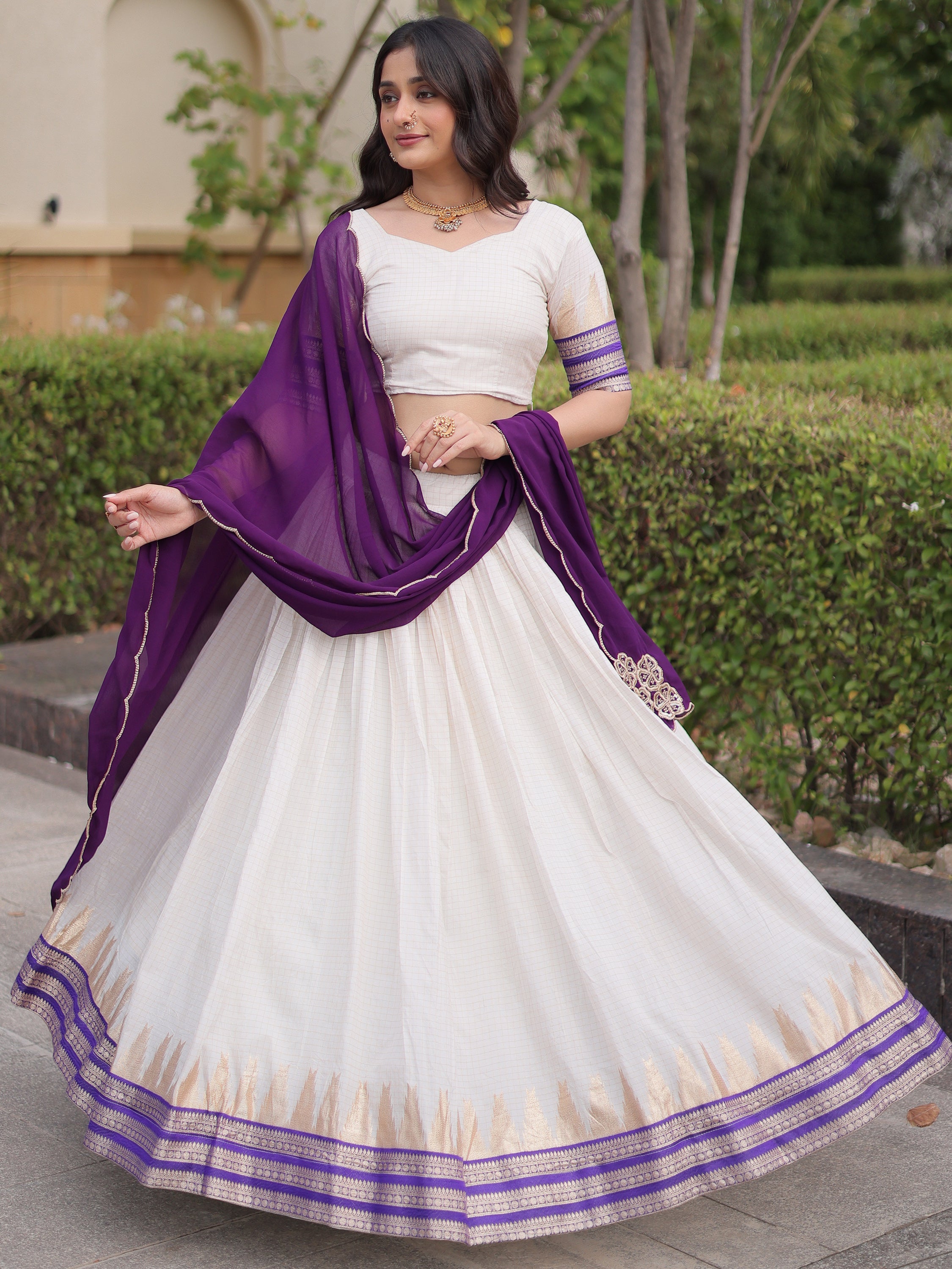 Stylish Purple Zari Weaving Cotton Function Wear Half Saree Lehenga