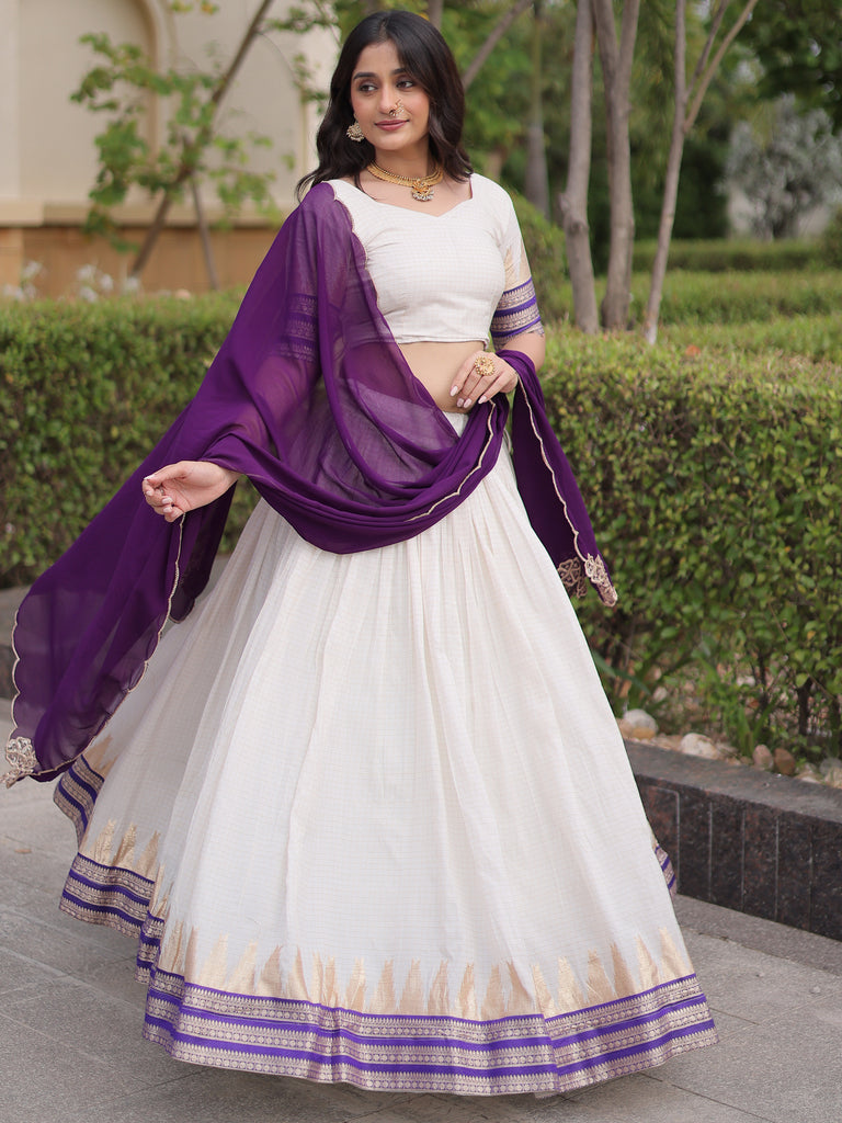 Stylish Purple Zari Weaving Cotton Function Wear Half Saree Lehenga