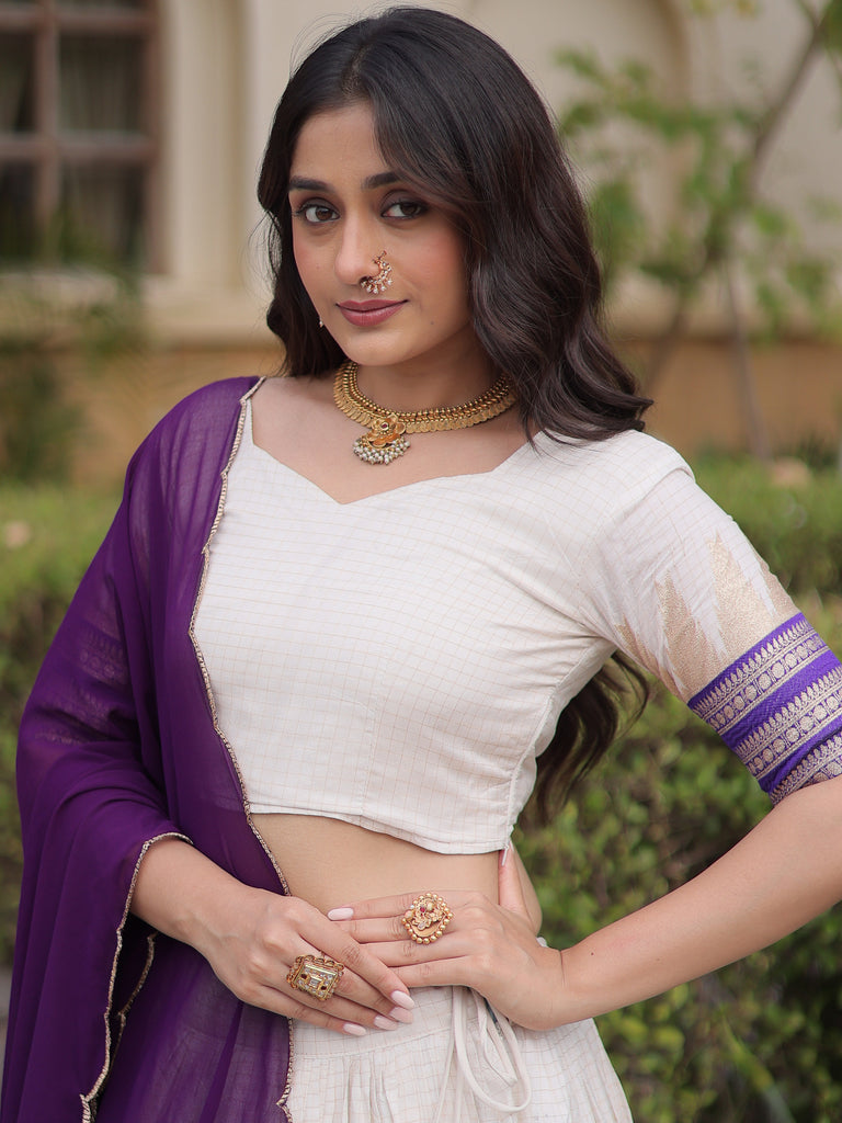 Stylish Purple Zari Weaving Cotton Function Wear Half Saree Lehenga