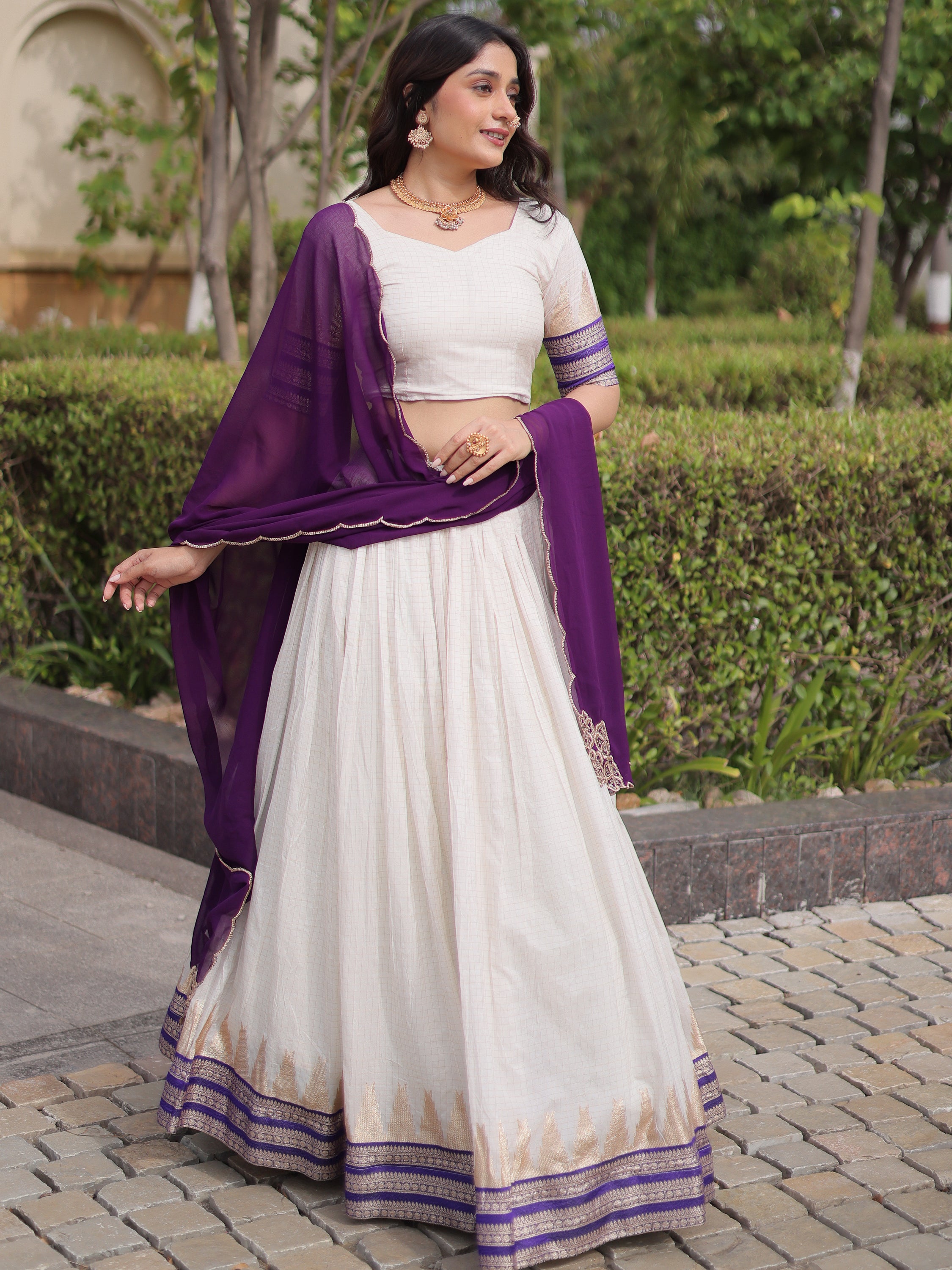Stylish Purple Zari Weaving Cotton Function Wear Half Saree Lehenga