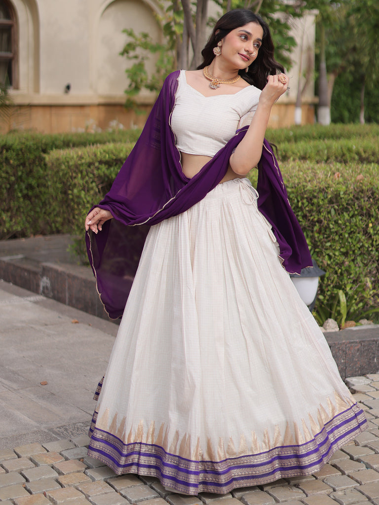 Stylish Purple Zari Weaving Cotton Function Wear Half Saree Lehenga