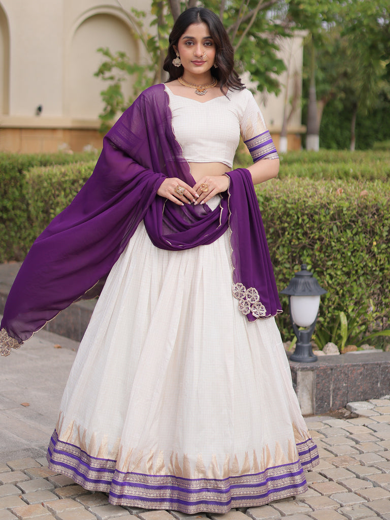Stylish Purple Zari Weaving Cotton Function Wear Half Saree Lehenga