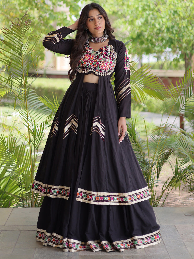Remarkable Black Gamthi Work Cotton Navratri Wear Lehenga With Shrug