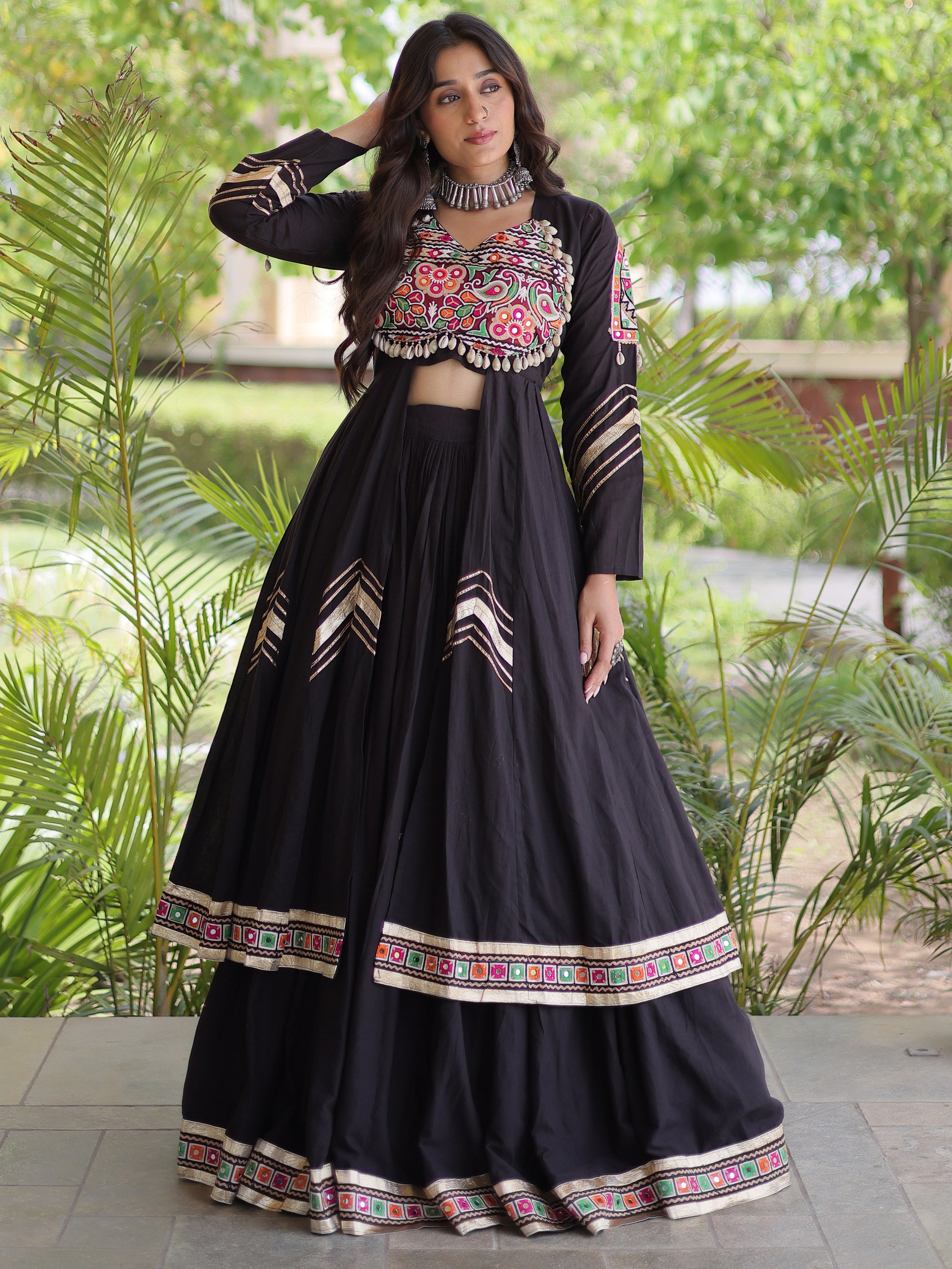 Remarkable Black Gamthi Work Cotton Navratri Wear Lehenga With Shrug