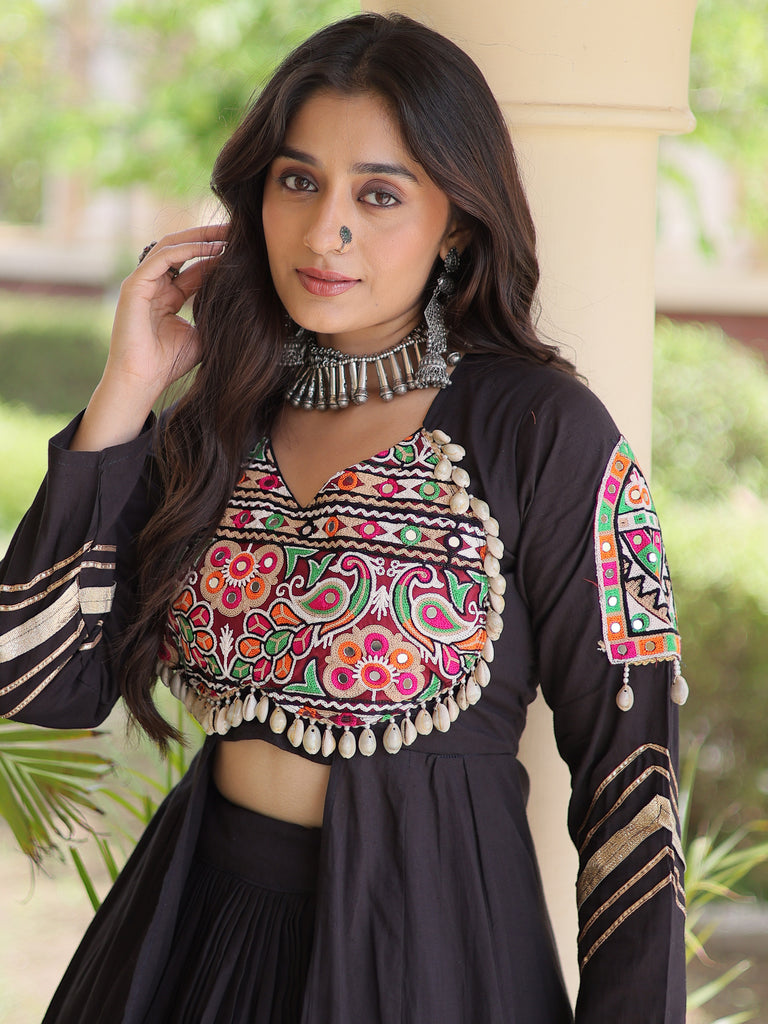 Remarkable Black Gamthi Work Cotton Navratri Wear Lehenga With Shrug