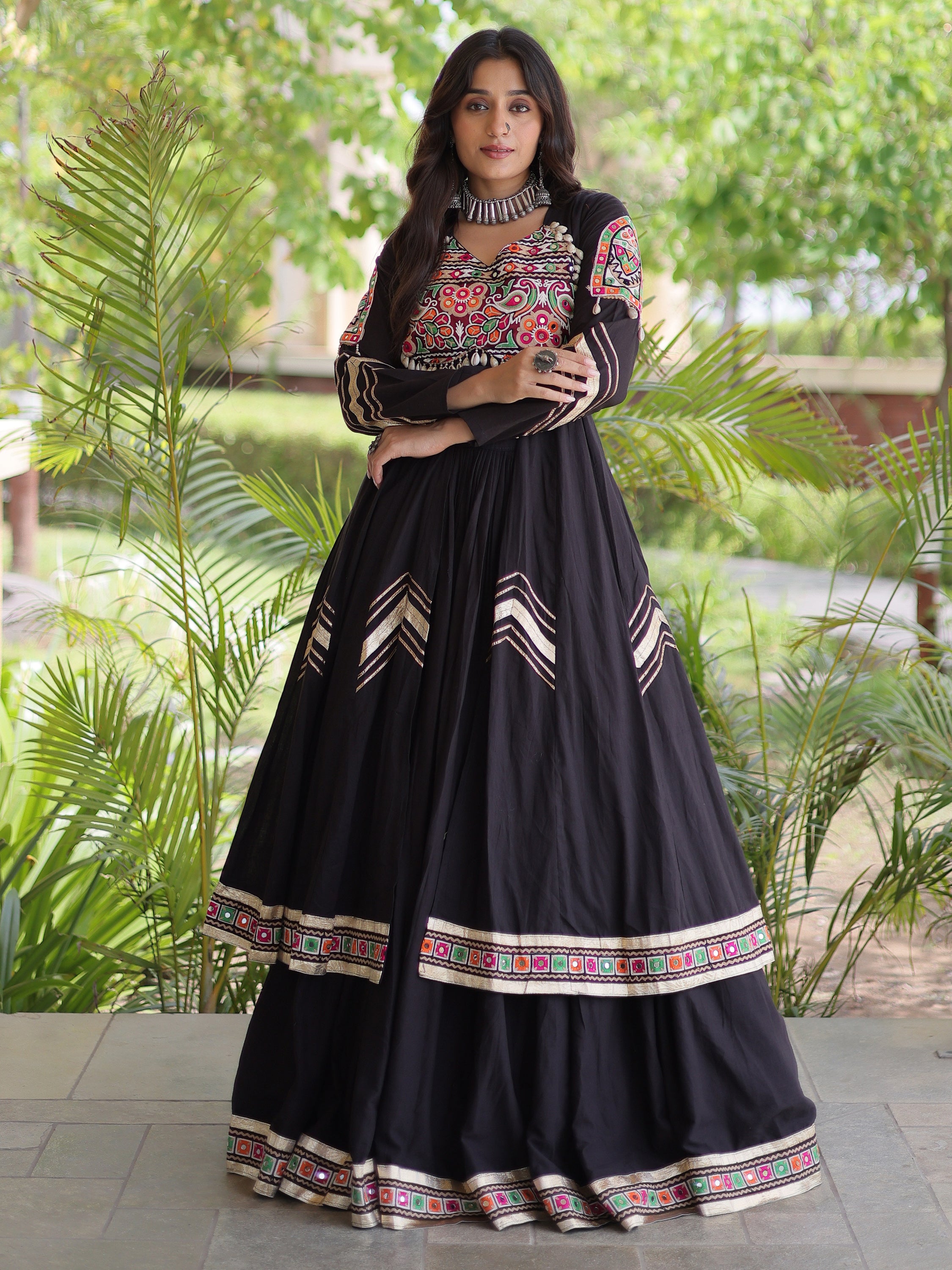 Remarkable Black Gamthi Work Cotton Navratri Wear Lehenga With Shrug