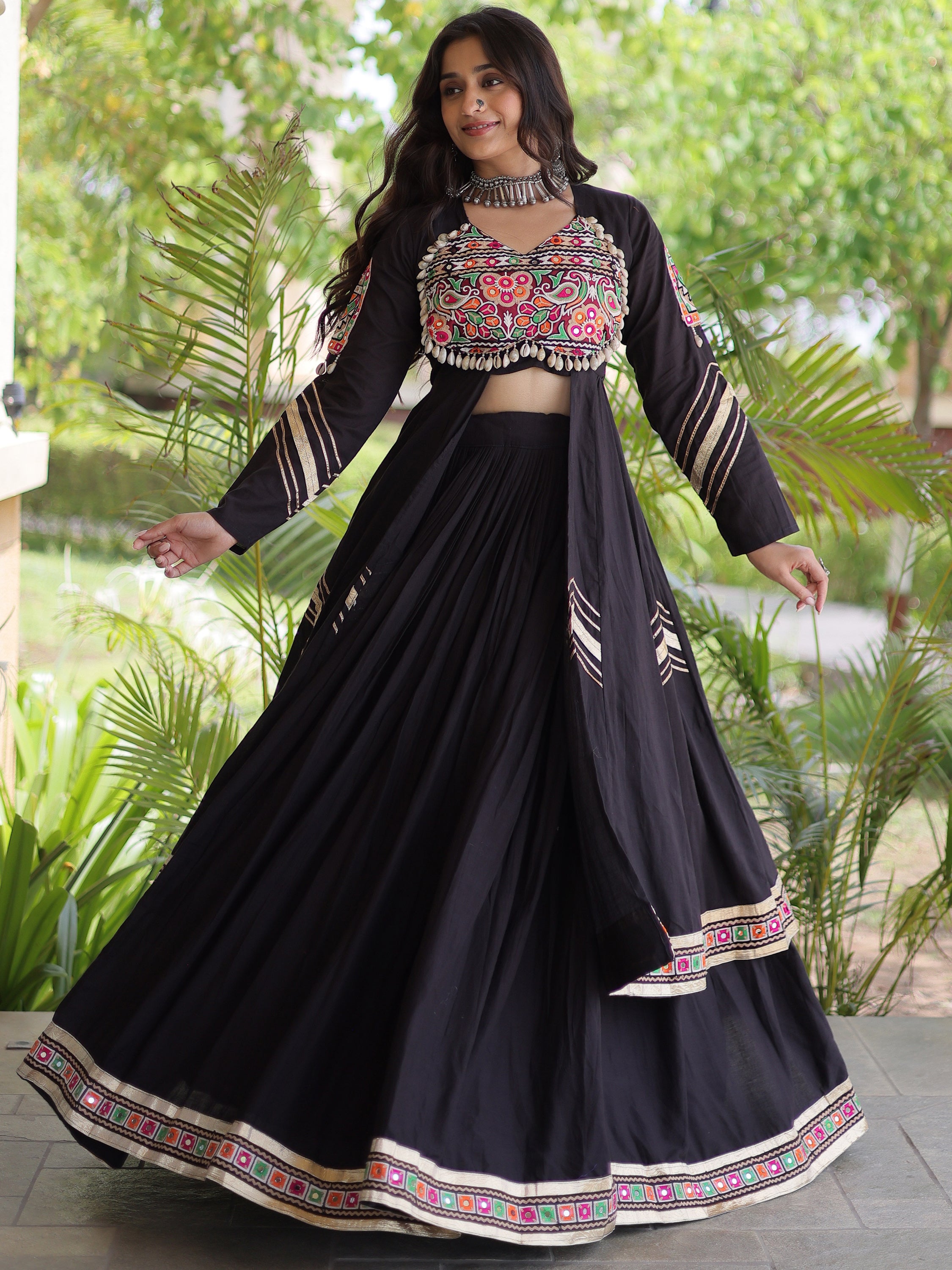 Remarkable Black Gamthi Work Cotton Navratri Wear Lehenga With Shrug
