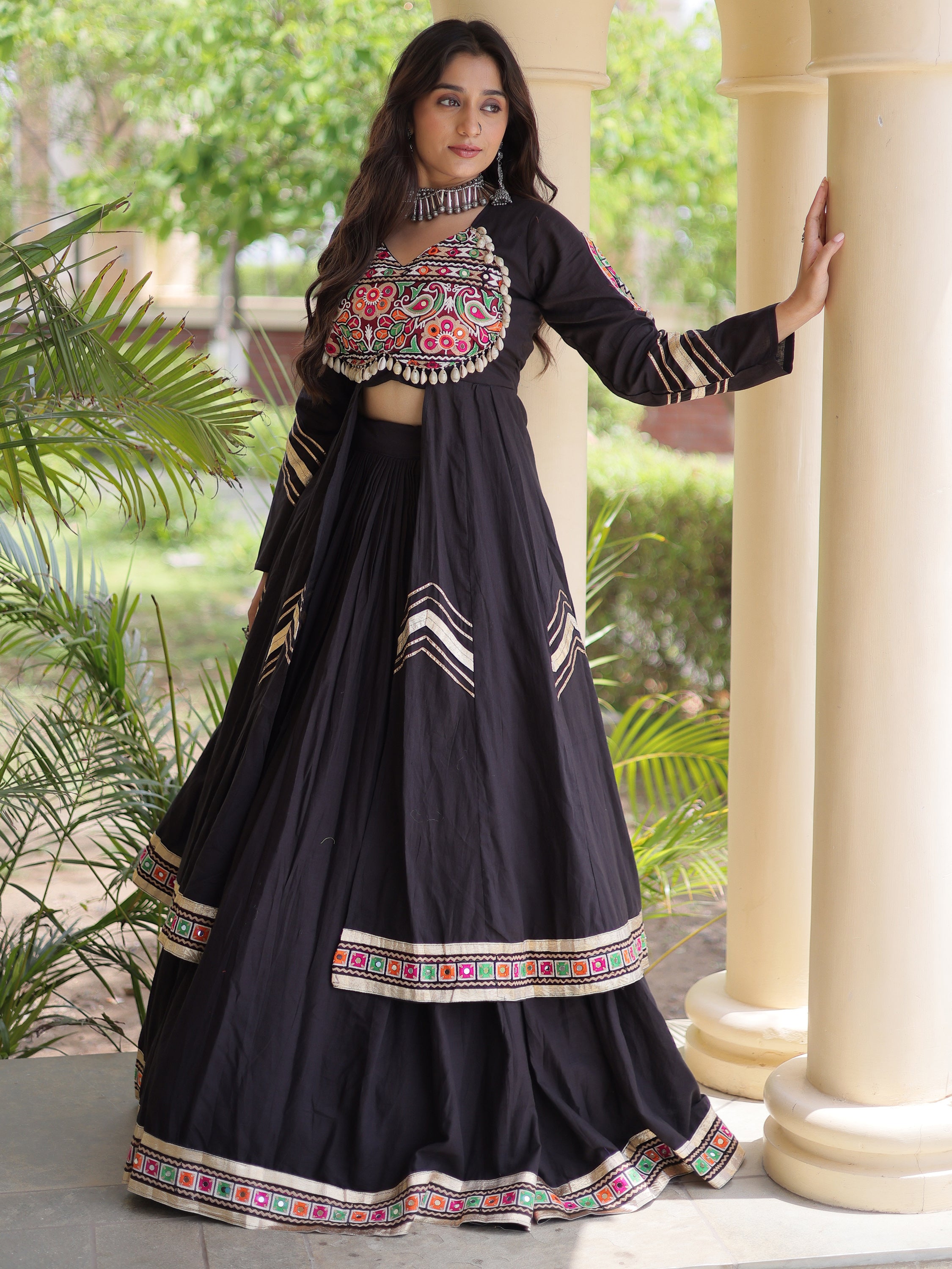 Remarkable Black Gamthi Work Cotton Navratri Wear Lehenga With Shrug