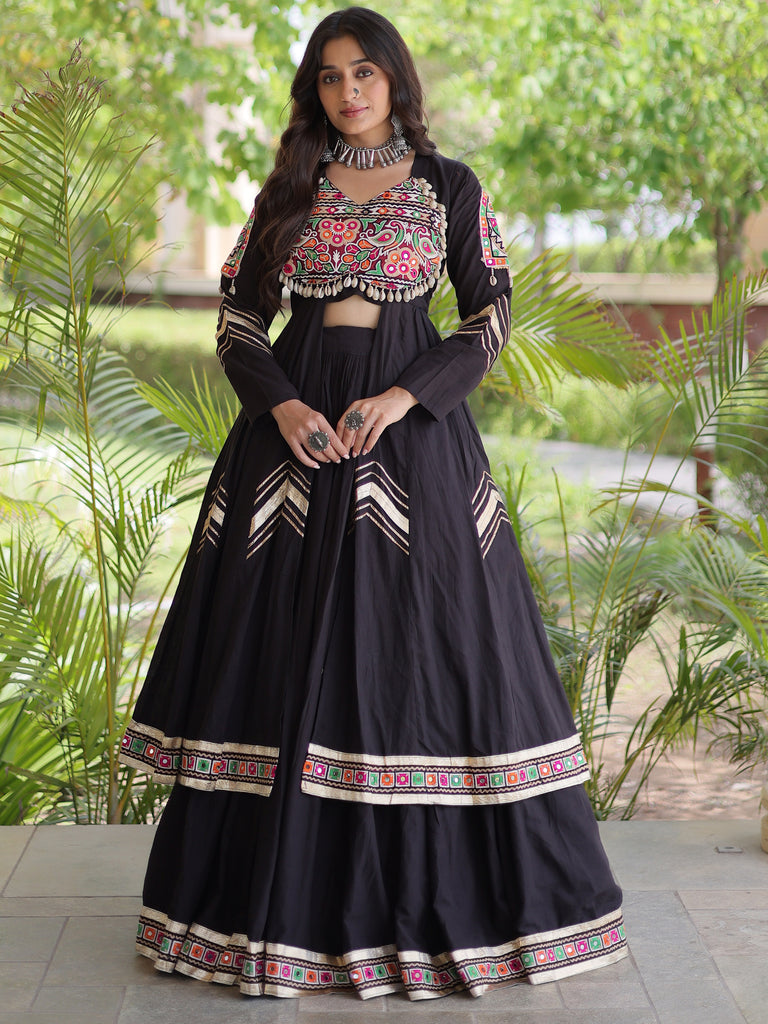 Remarkable Black Gamthi Work Cotton Navratri Wear Lehenga With Shrug