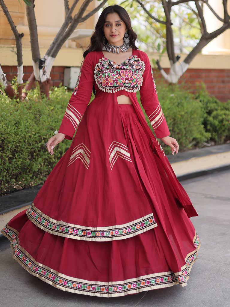 Elegant Maroon Gamthi Work Cotton Navratri Special Lehenga With Shrug