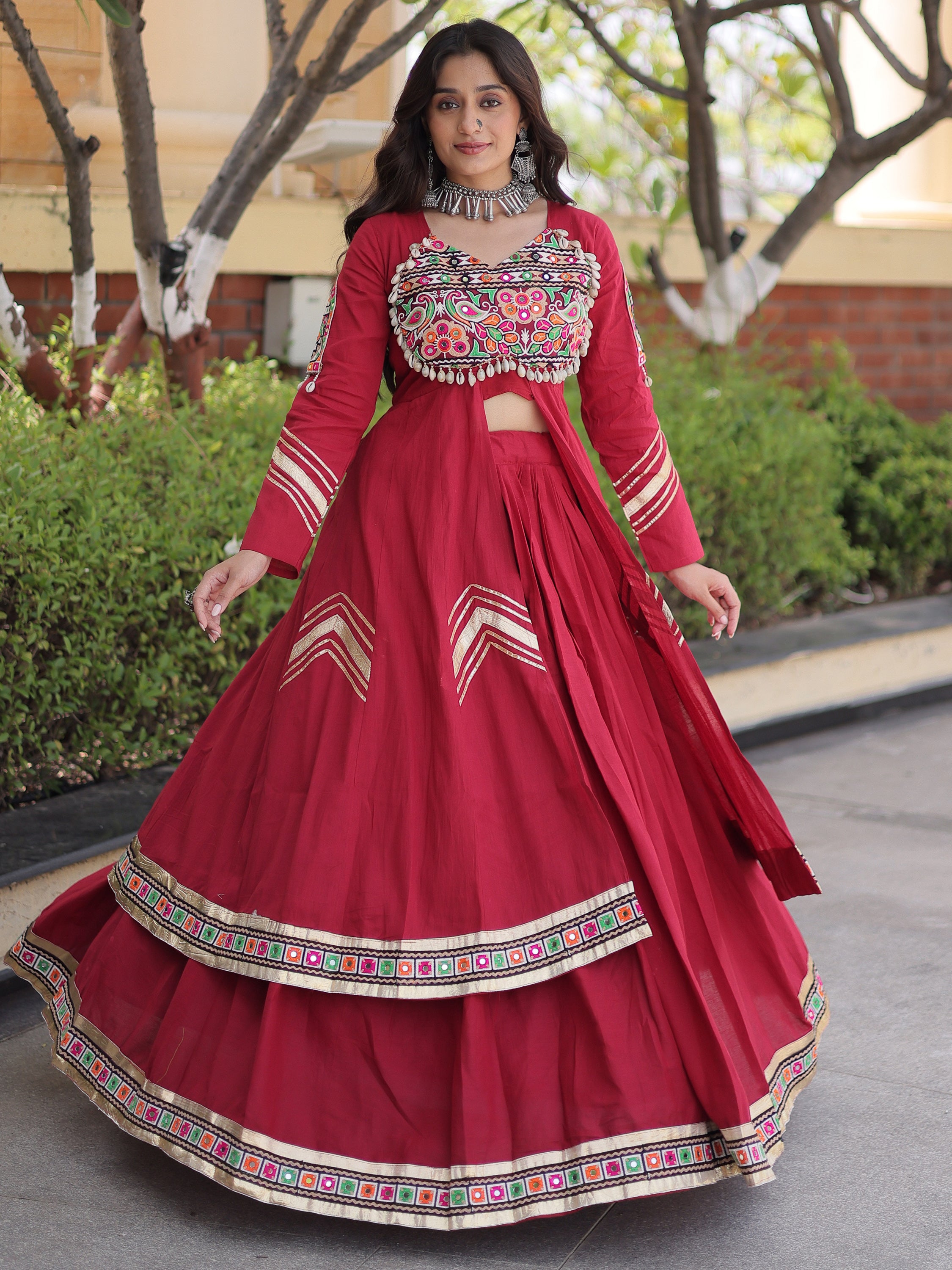 Elegant Maroon Gamthi Work Cotton Navratri Special Lehenga With Shrug