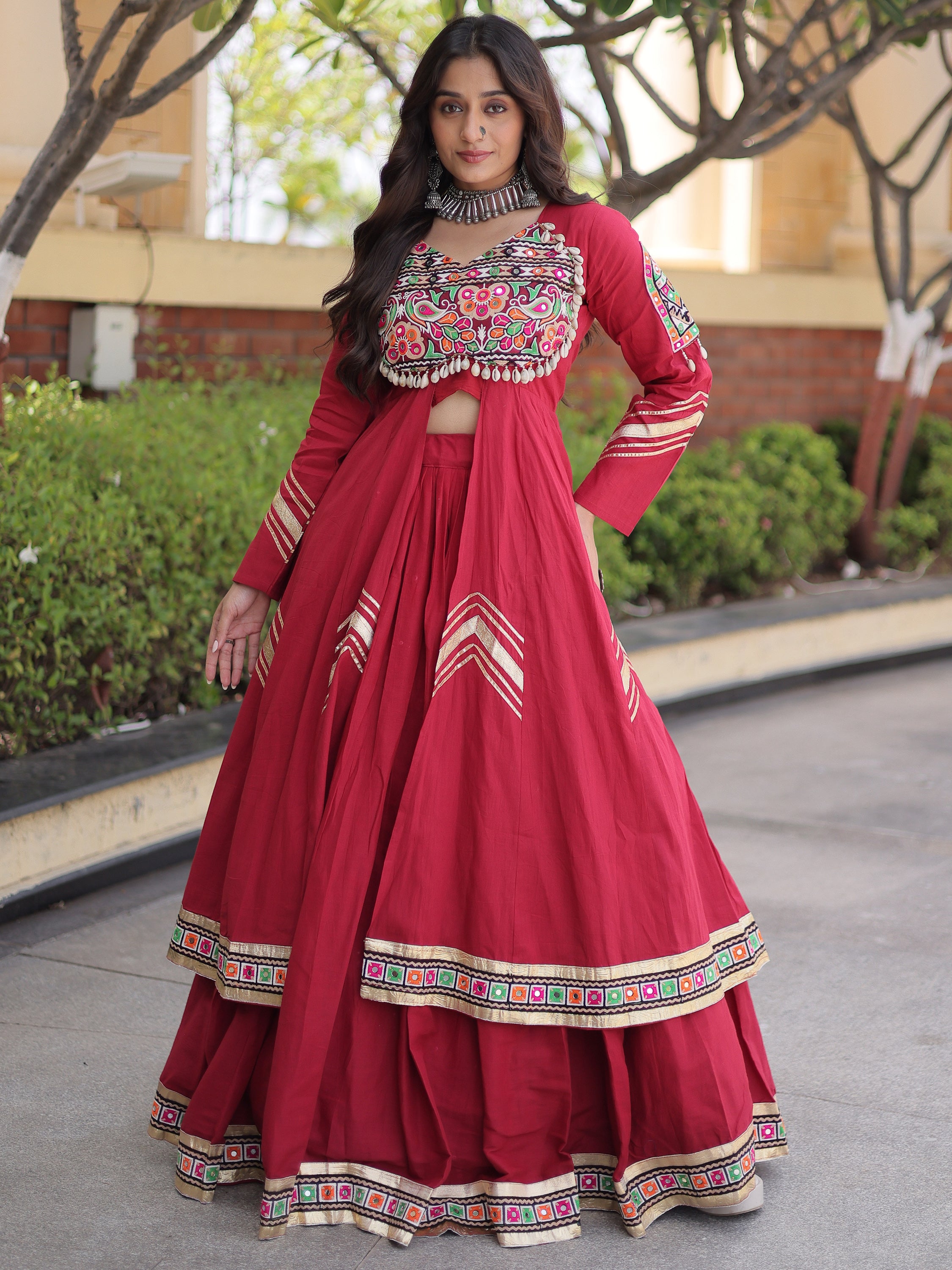 Elegant Maroon Gamthi Work Cotton Navratri Special Lehenga With Shrug