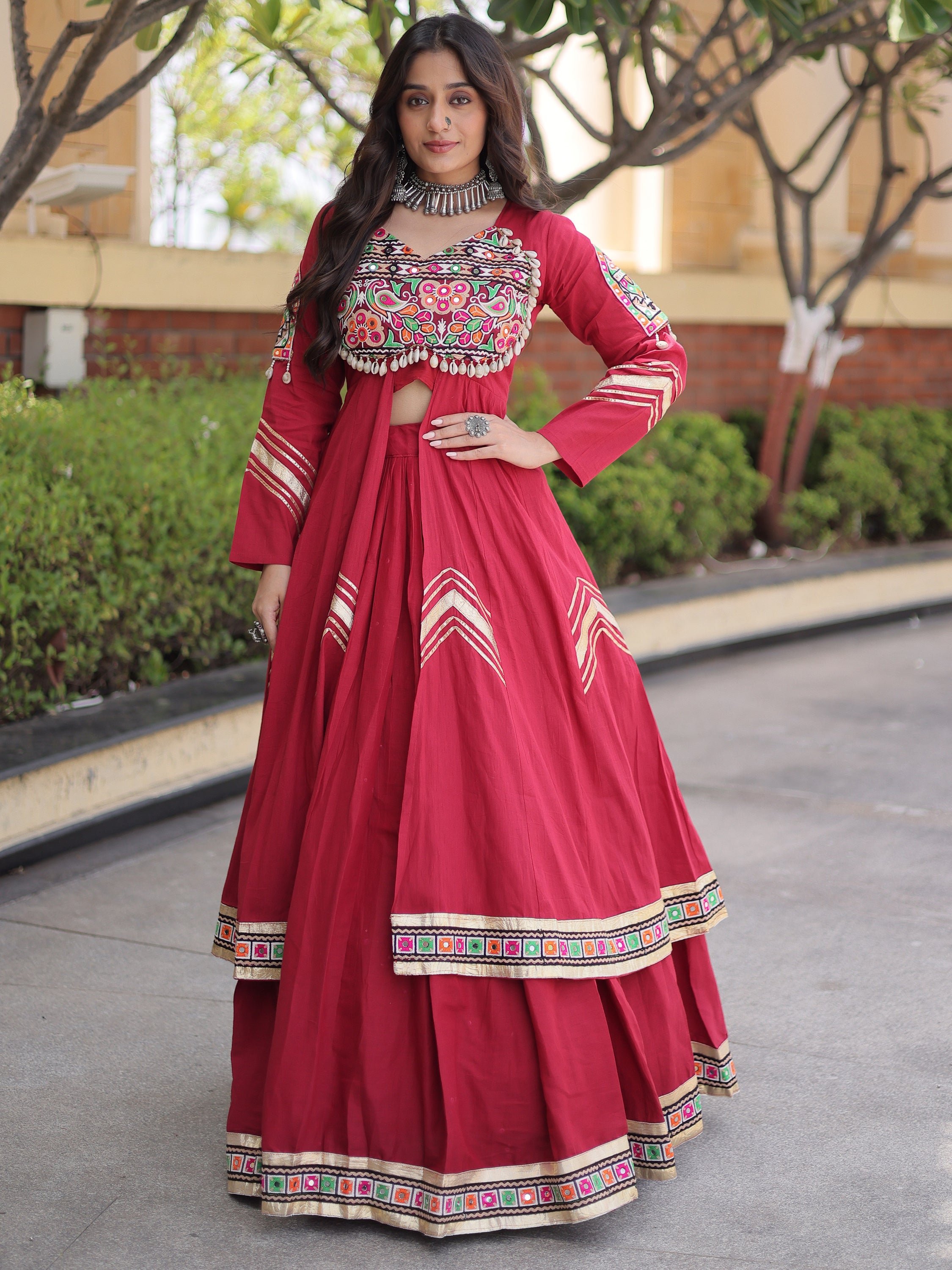 Elegant Maroon Gamthi Work Cotton Navratri Special Lehenga With Shrug