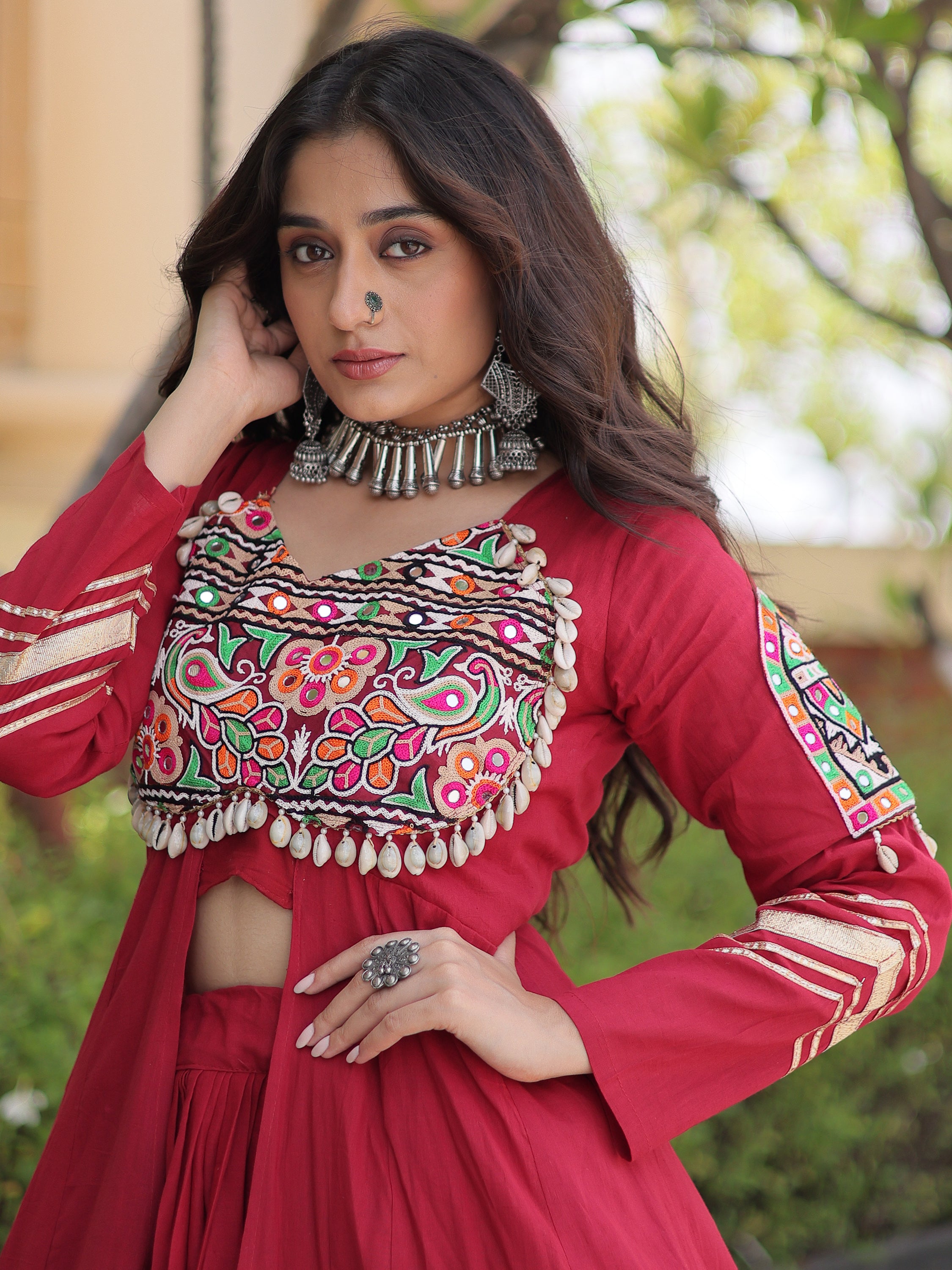 Elegant Maroon Gamthi Work Cotton Navratri Special Lehenga With Shrug