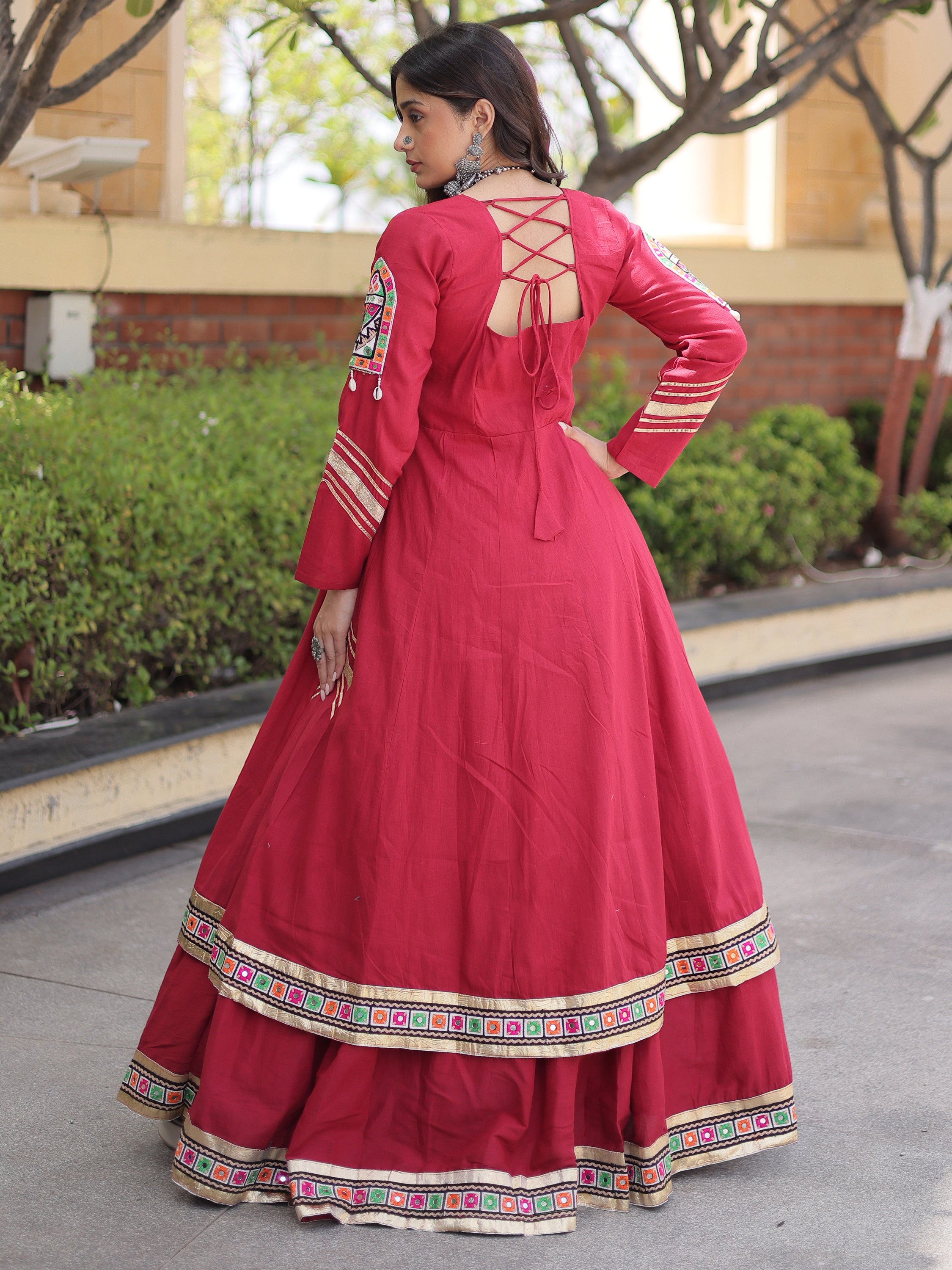 Elegant Maroon Gamthi Work Cotton Navratri Special Lehenga With Shrug