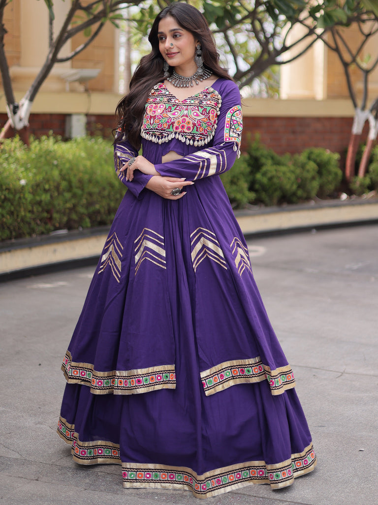 Astonishing Purple Gota Laced Cotton Navratri Wear Lehenga With Shrug