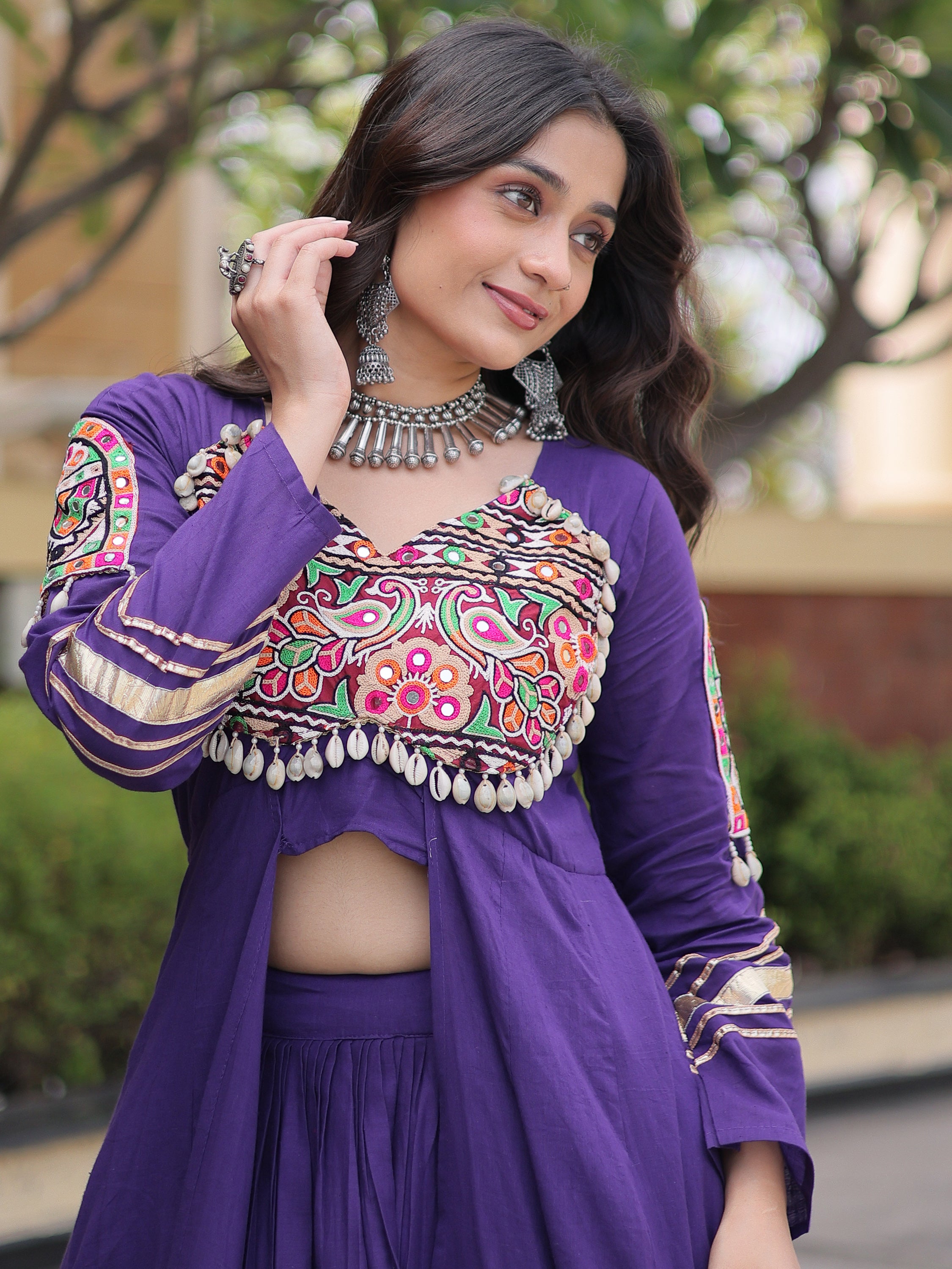 Astonishing Purple Gota Laced Cotton Navratri Wear Lehenga With Shrug