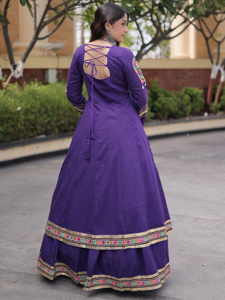 Astonishing Purple Gota Laced Cotton Navratri Wear Lehenga With Shrug