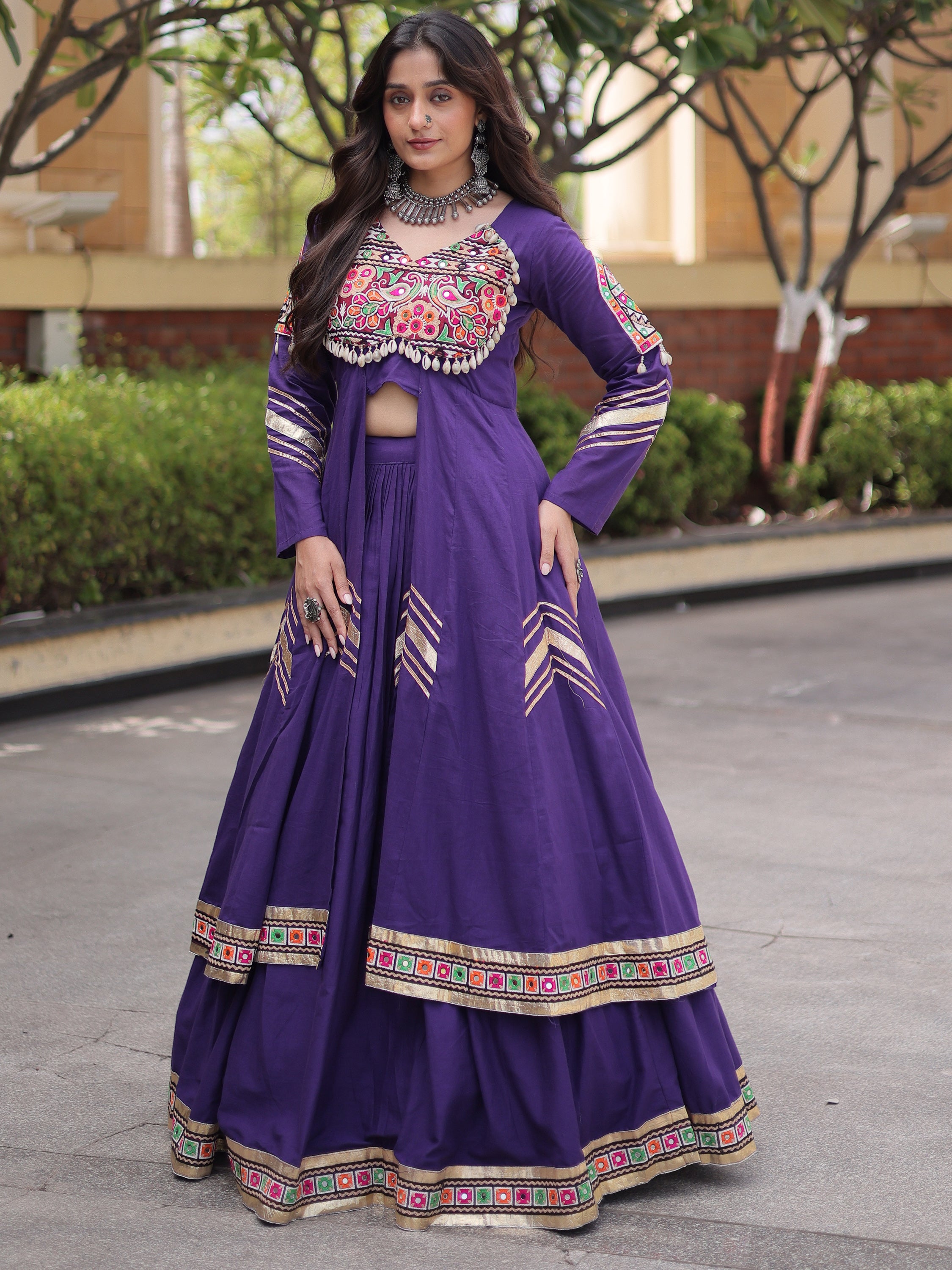 Astonishing Purple Gota Laced Cotton Navratri Wear Lehenga With Shrug