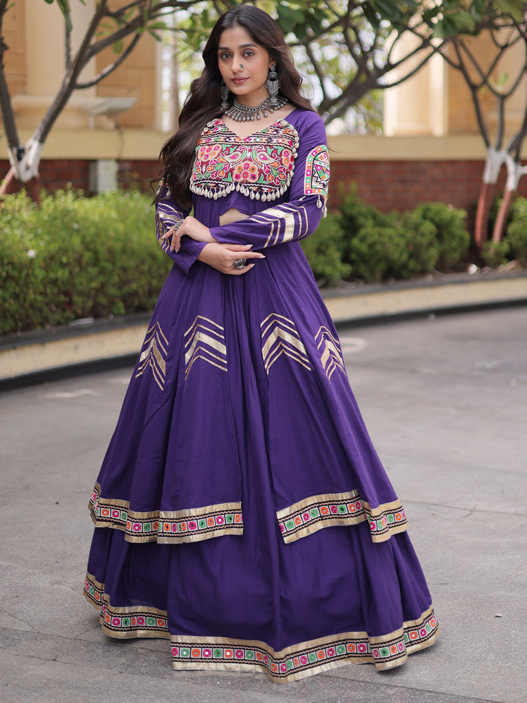 Astonishing Purple Gota Laced Cotton Navratri Wear Lehenga With Shrug