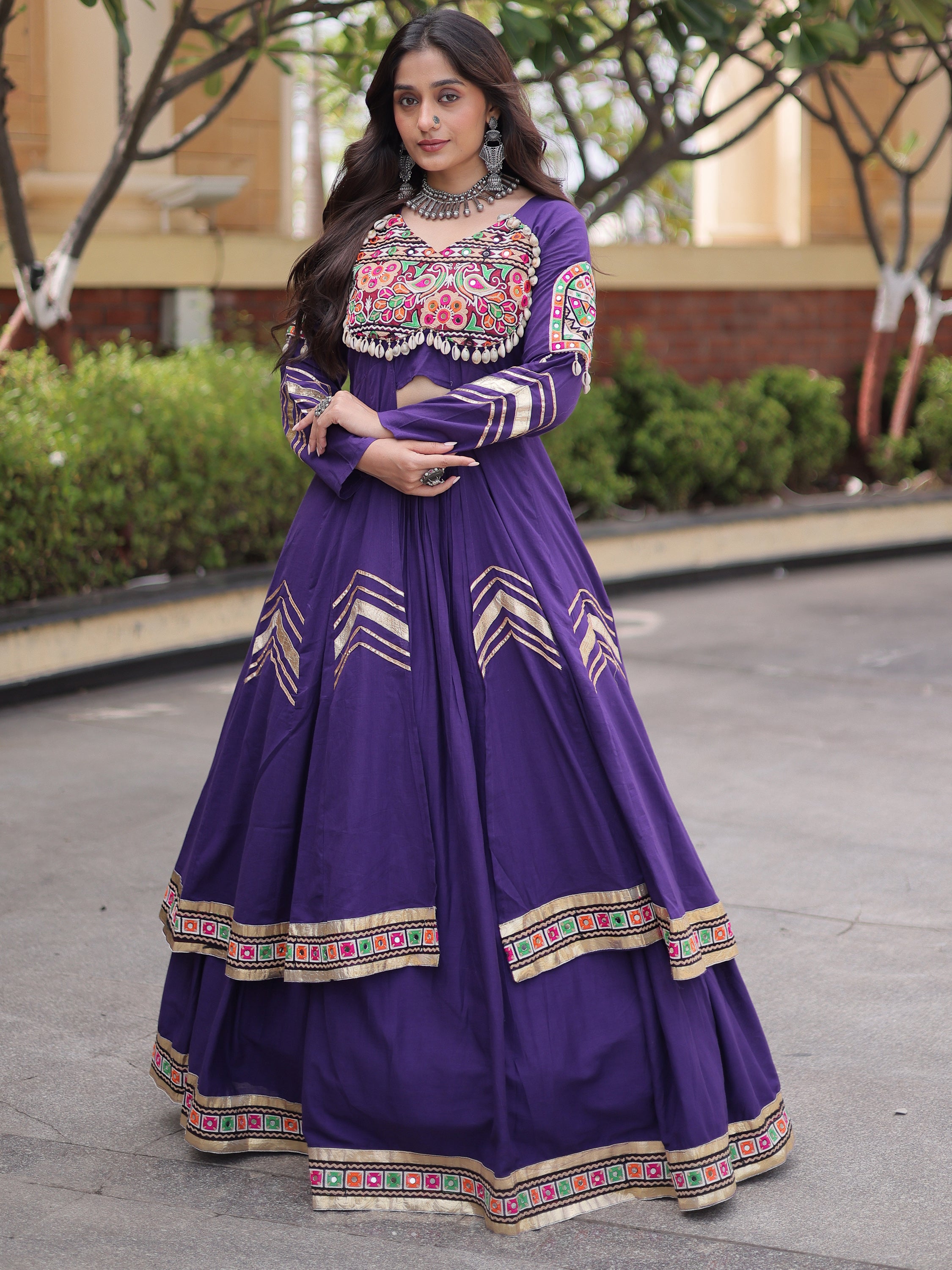 Astonishing Purple Gota Laced Cotton Navratri Wear Lehenga With Shrug