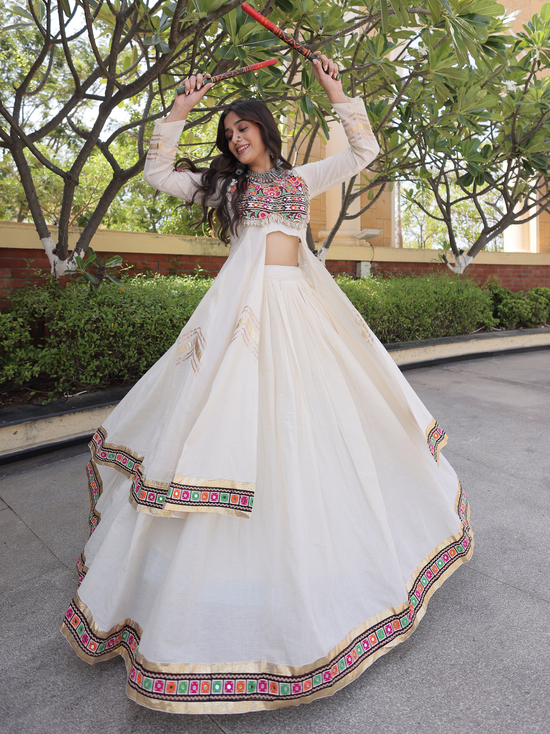 Fantastic White Gota Laced Cotton Navratri Wear Lehenga With Shrug