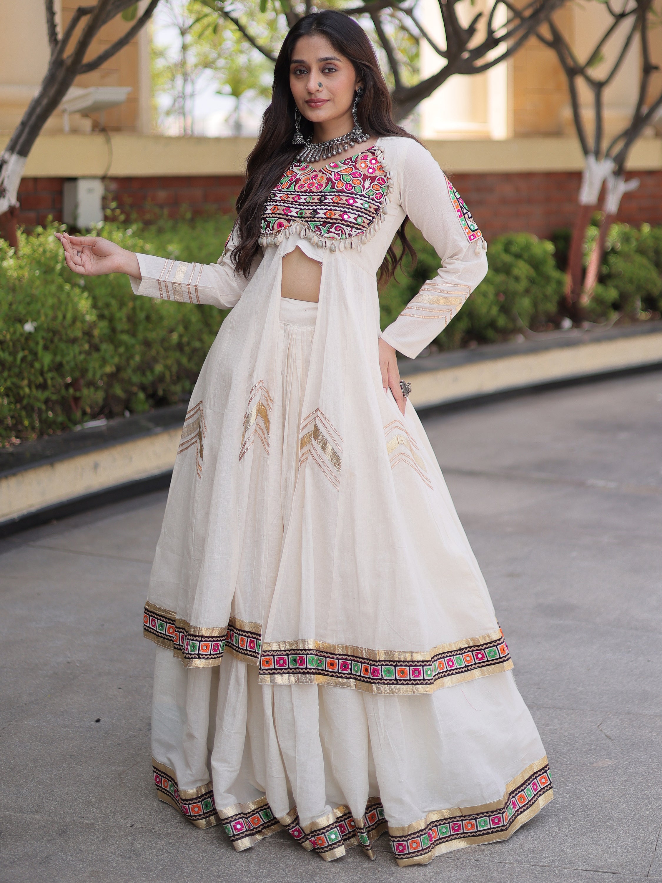 Fantastic White Gota Laced Cotton Navratri Wear Lehenga With Shrug