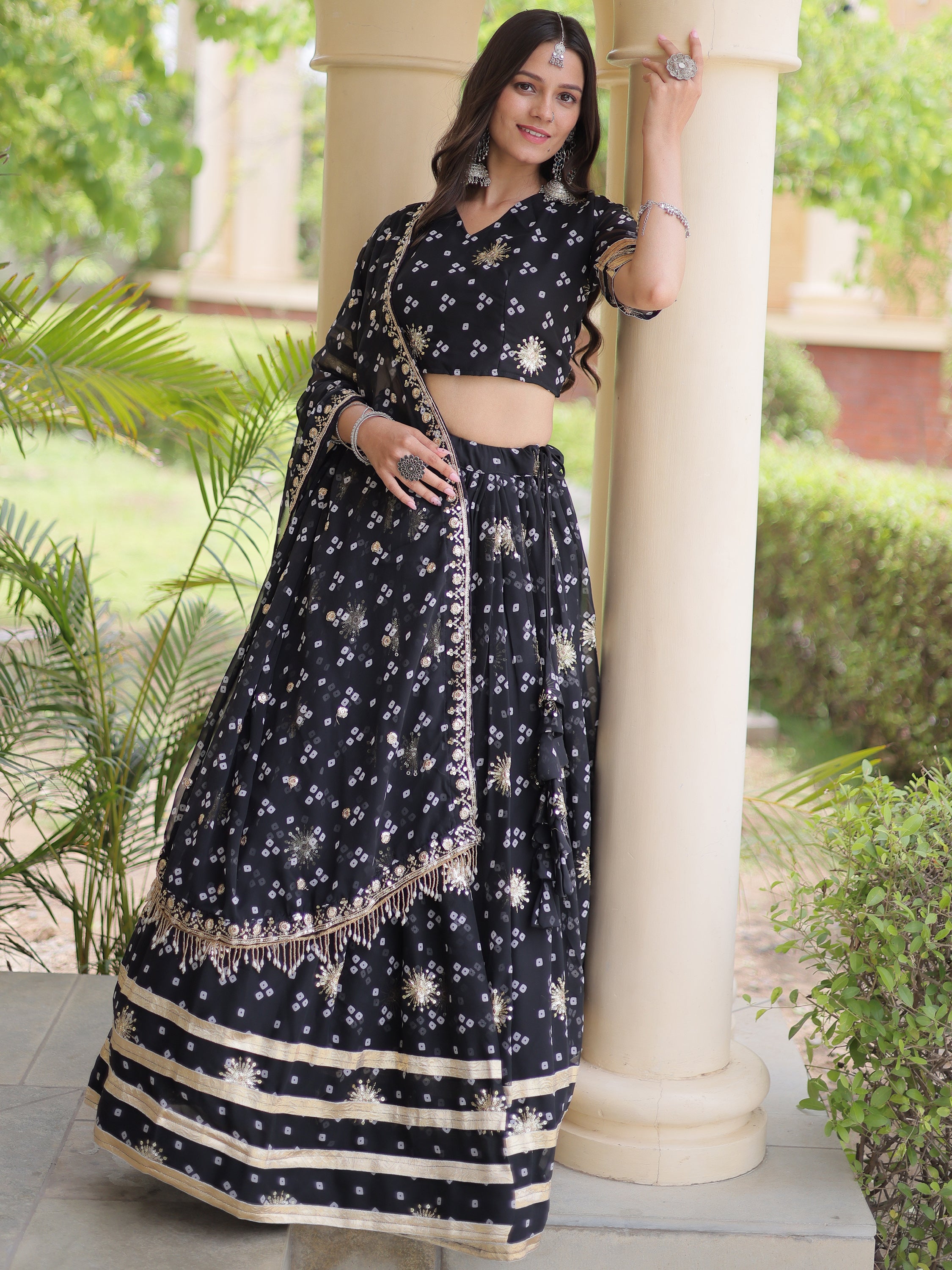 Spectacular Black Bandhej Printed Georgette Navratri Lehenga Choli