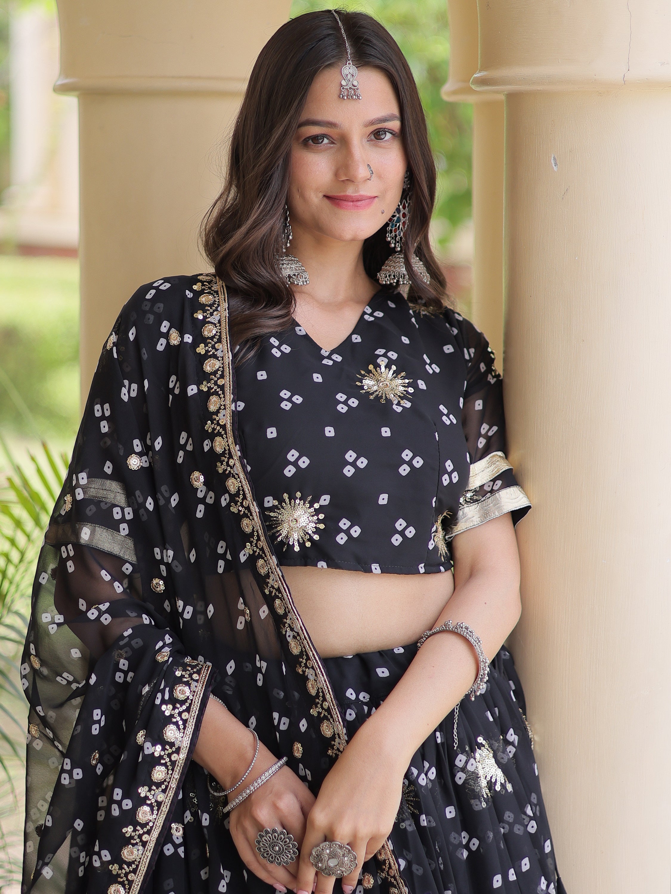 Spectacular Black Bandhej Printed Georgette Navratri Lehenga Choli
