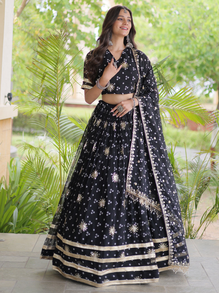 Spectacular Black Bandhej Printed Georgette Navratri Lehenga Choli