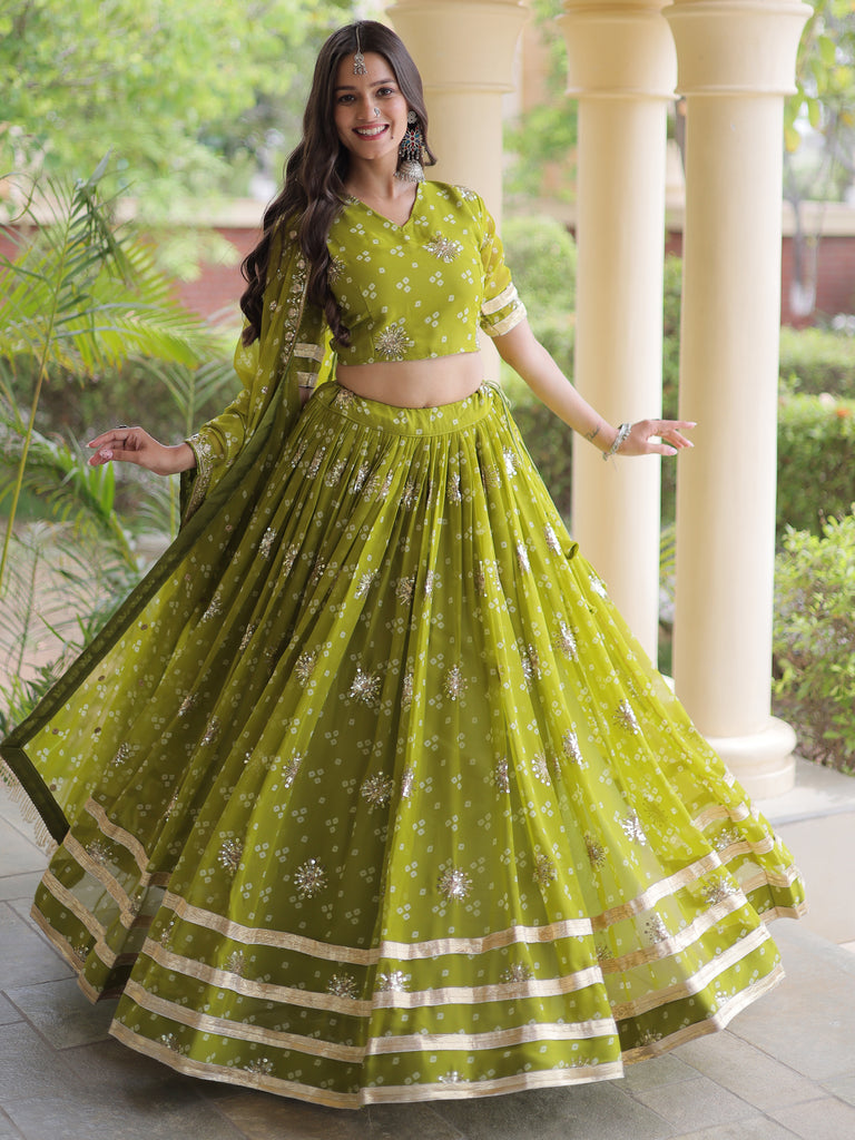Rich Parrot Green Printed Georgette Navratri Lehenga Choli With Dupatta