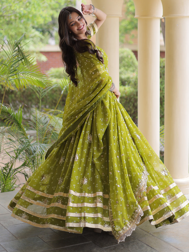 Rich Parrot Green Printed Georgette Navratri Lehenga Choli With Dupatta