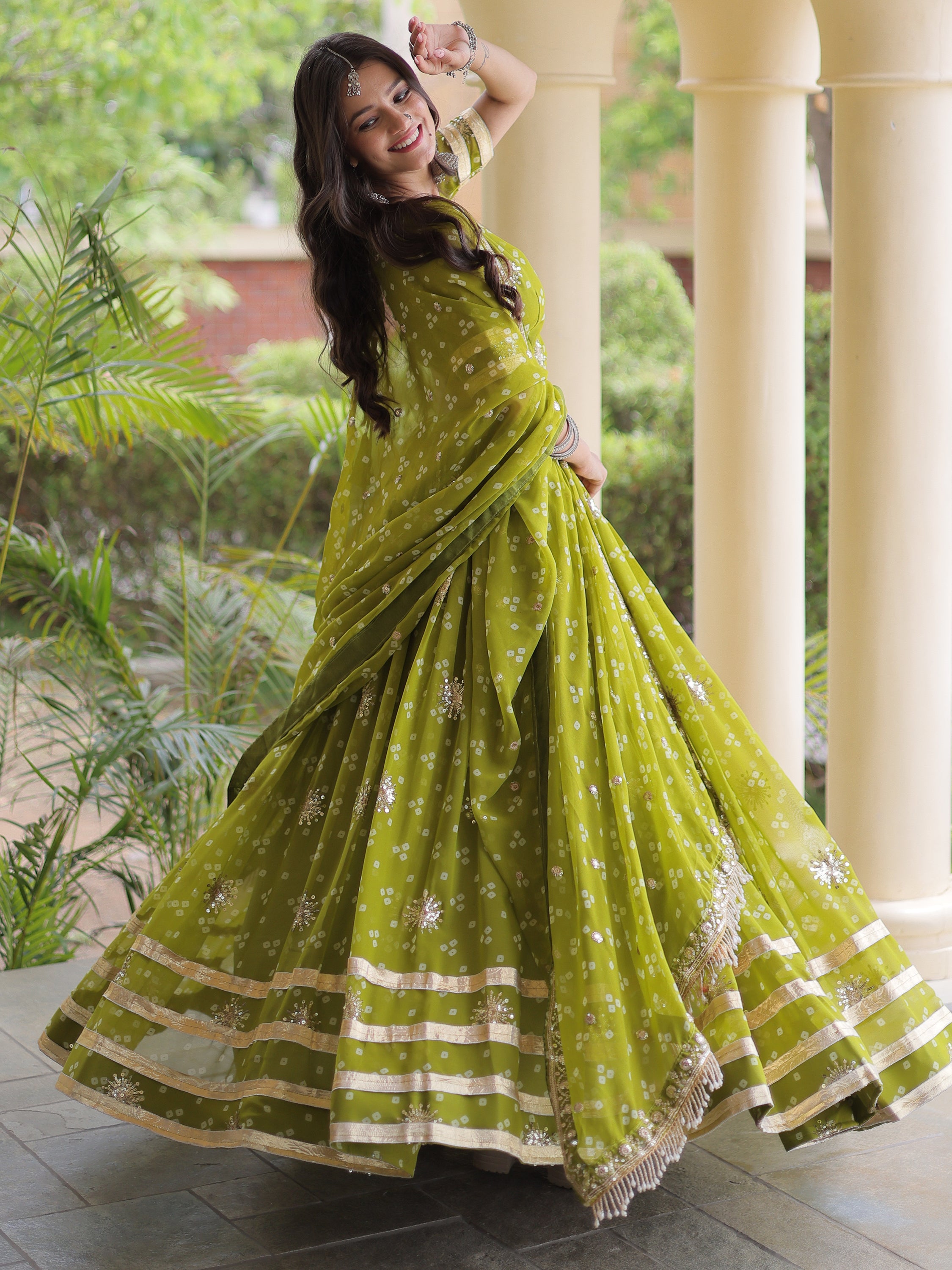 Rich Parrot Green Printed Georgette Navratri Lehenga Choli With Dupatta