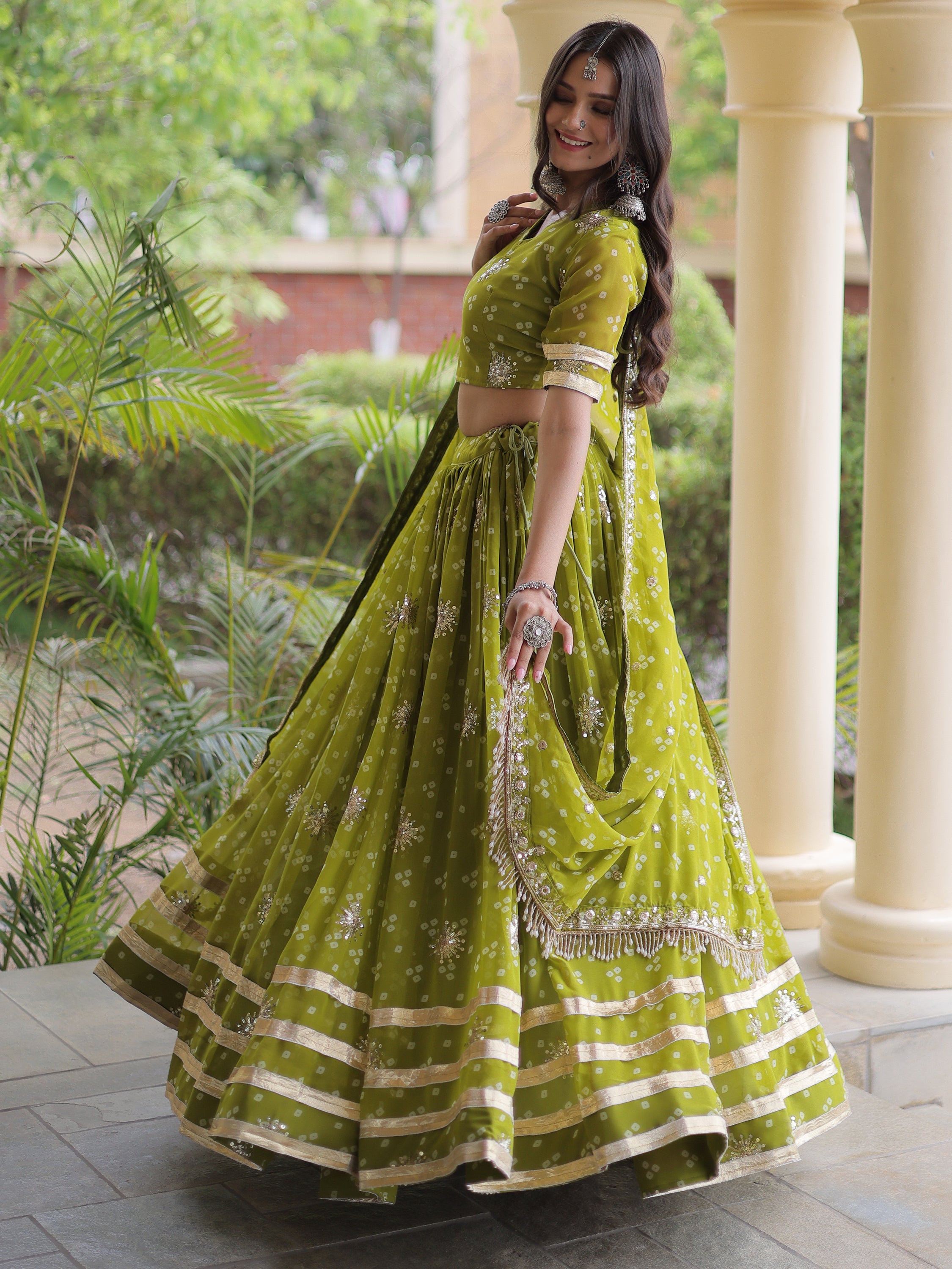 Rich Parrot Green Printed Georgette Navratri Lehenga Choli With Dupatta