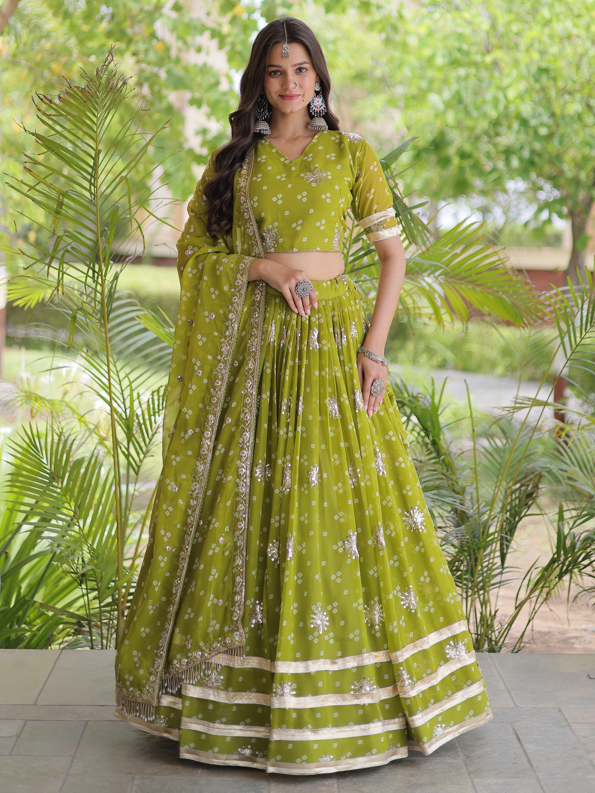 Rich Parrot Green Printed Georgette Navratri Lehenga Choli With Dupatta