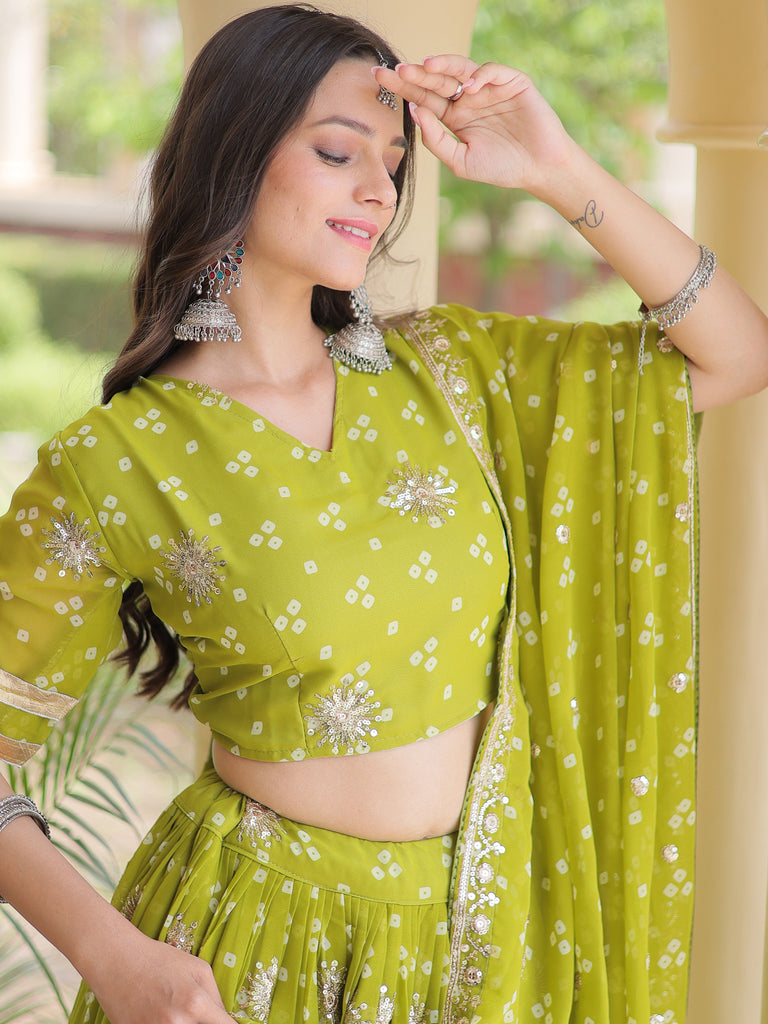 Rich Parrot Green Printed Georgette Navratri Lehenga Choli With Dupatta